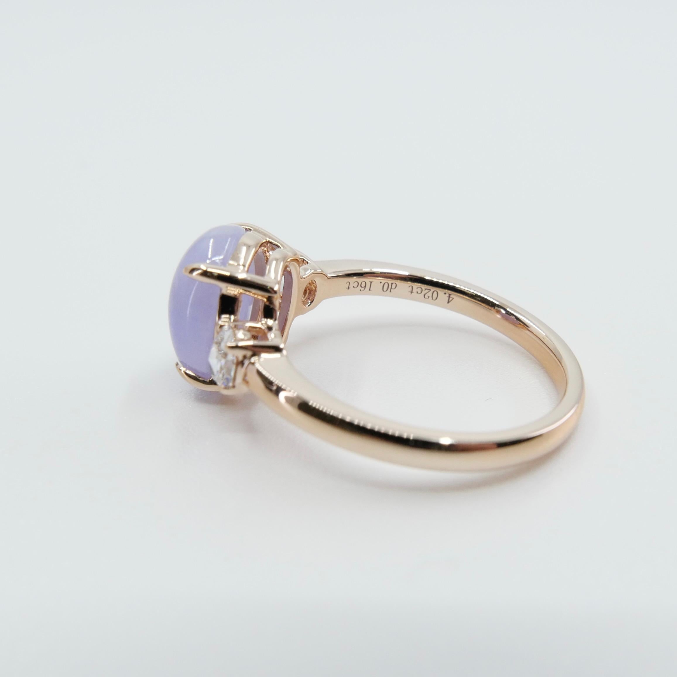 Certified 3.48cts Lavender Jade & Rose Cut Diamond 3 Stone Ring, 18k Rose Gold For Sale 4