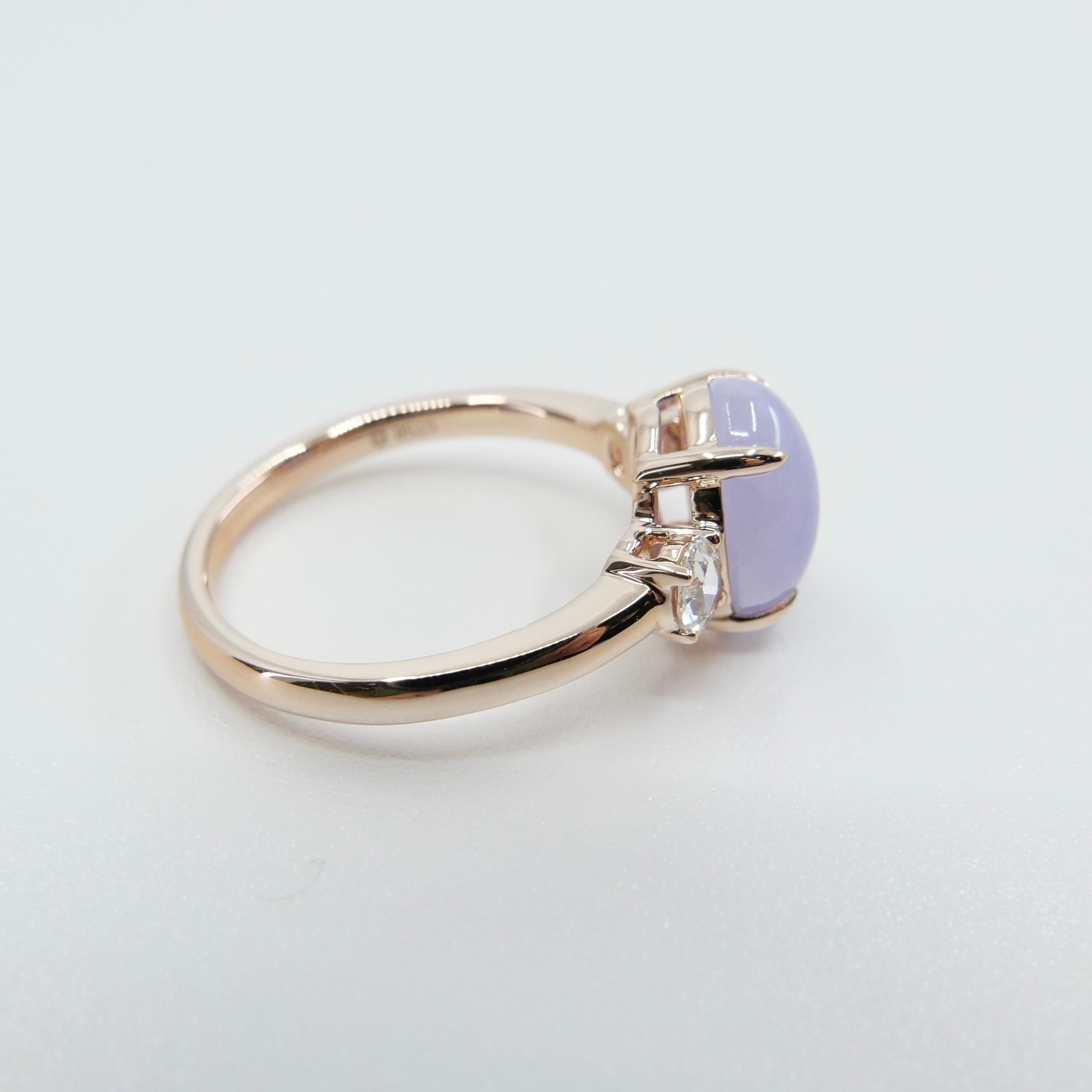 Certified 3.48cts Lavender Jade & Rose Cut Diamond 3 Stone Ring, 18k Rose Gold For Sale 6