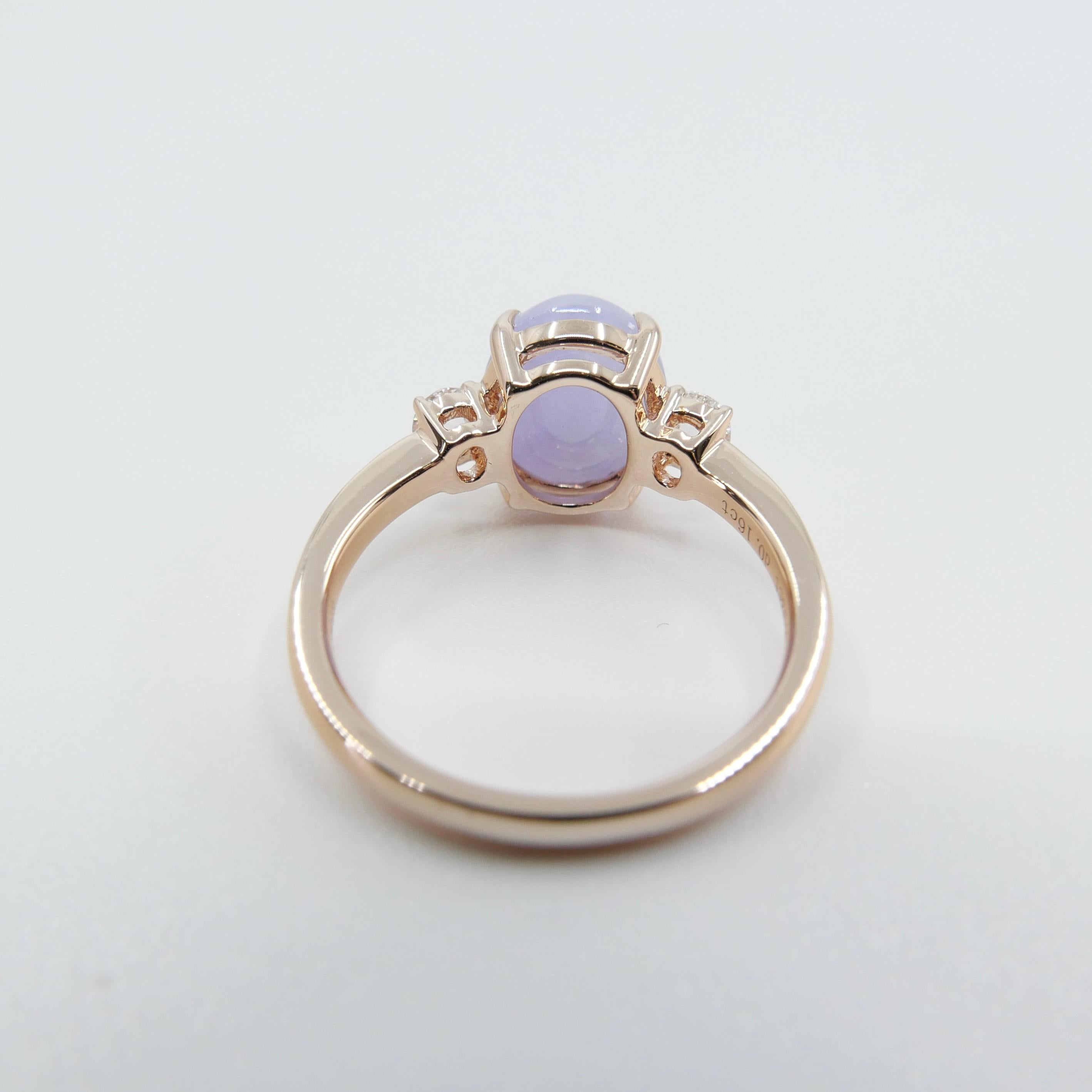 Contemporary Certified 3.48cts Lavender Jade & Rose Cut Diamond 3 Stone Ring, 18k Rose Gold For Sale