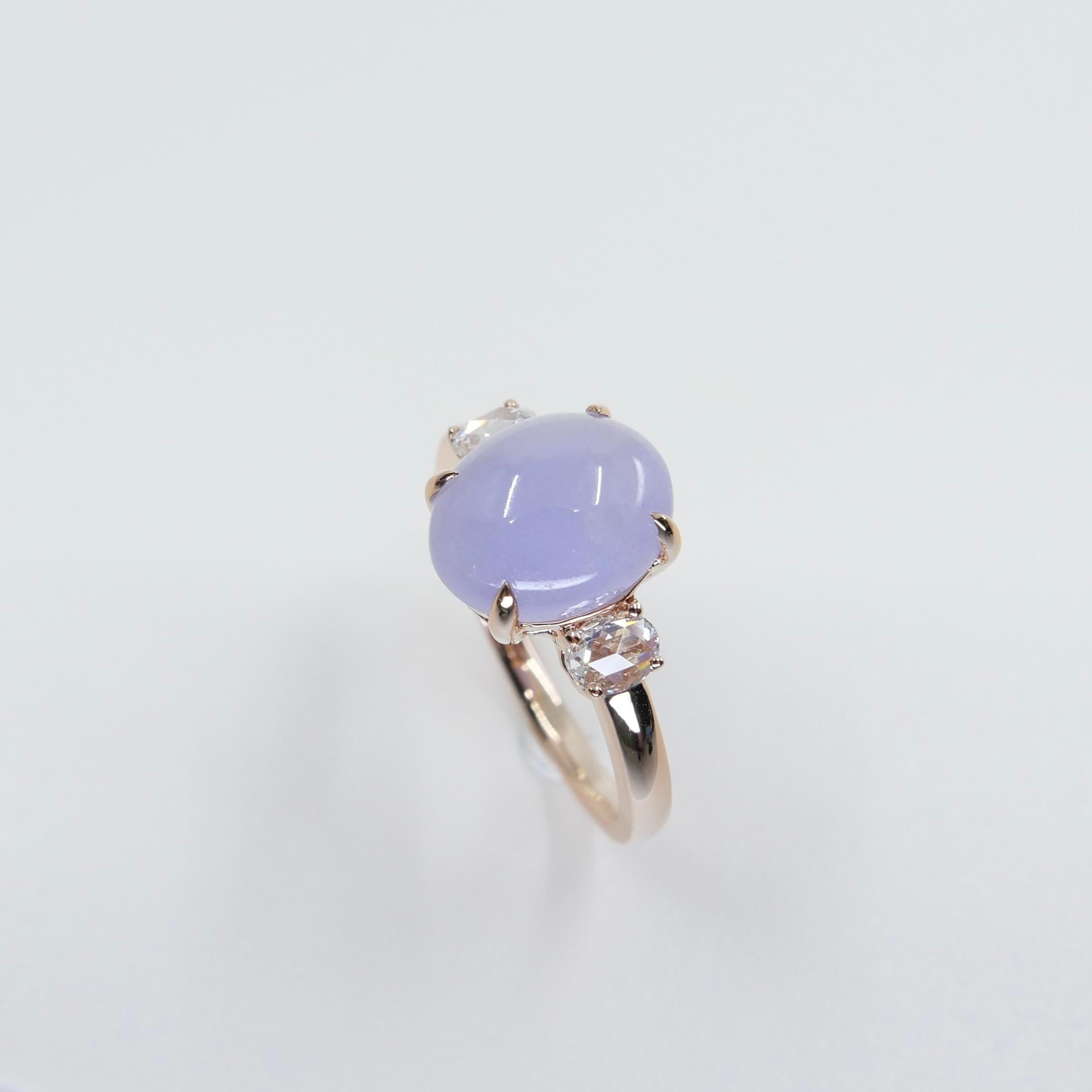 Cabochon Certified 3.48cts Lavender Jade & Rose Cut Diamond 3 Stone Ring, 18k Rose Gold For Sale
