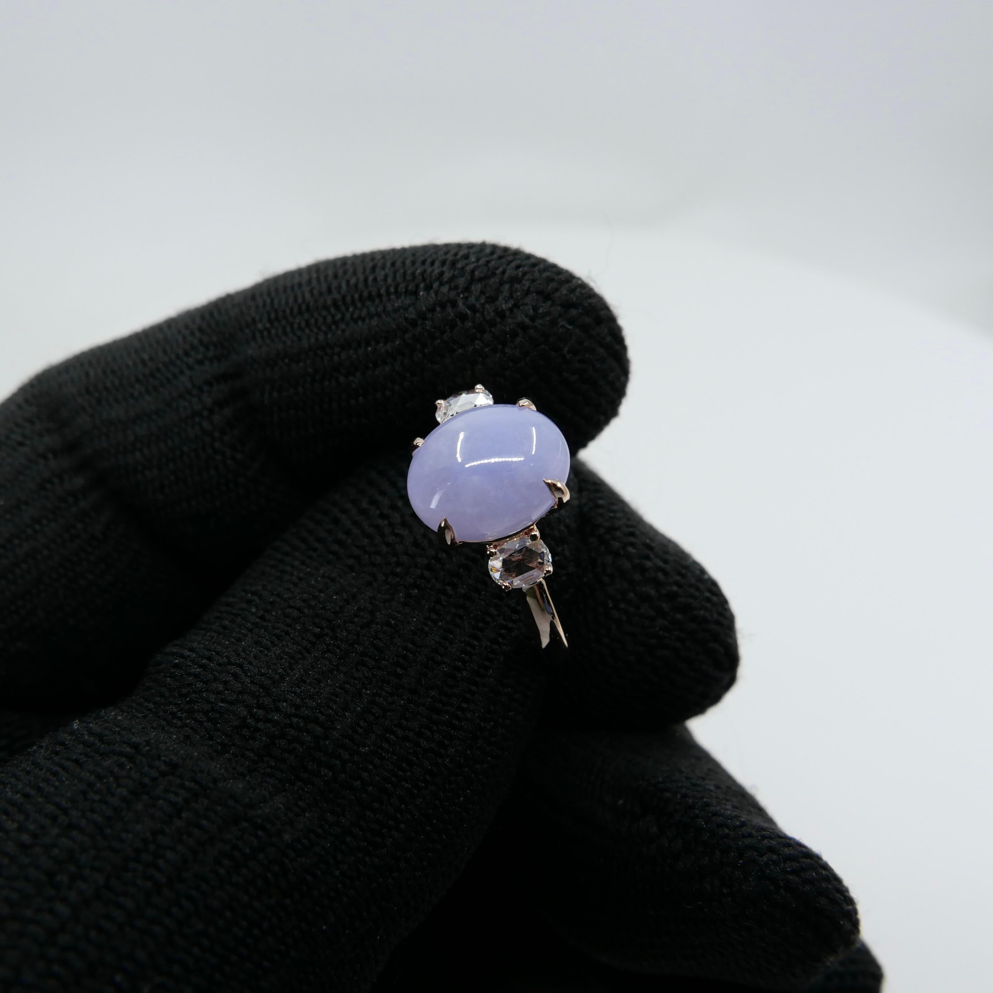 Certified 3.48cts Lavender Jade & Rose Cut Diamond 3 Stone Ring, 18k Rose Gold In New Condition For Sale In Hong Kong, HK