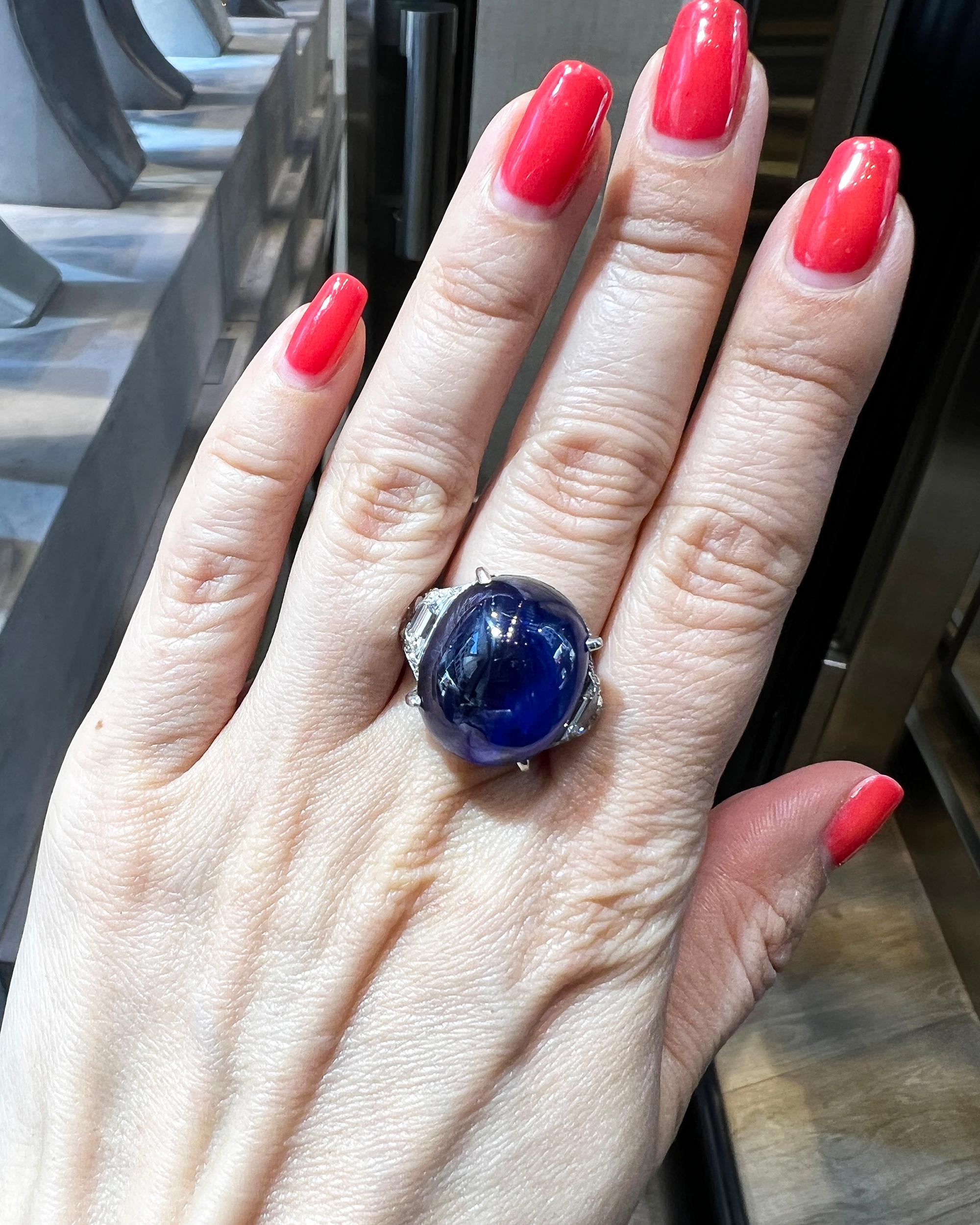 Sugarloaf Cabochon Certified 40.59 Carat Burma Sapphire Diamond Cocktail Ring For Sale