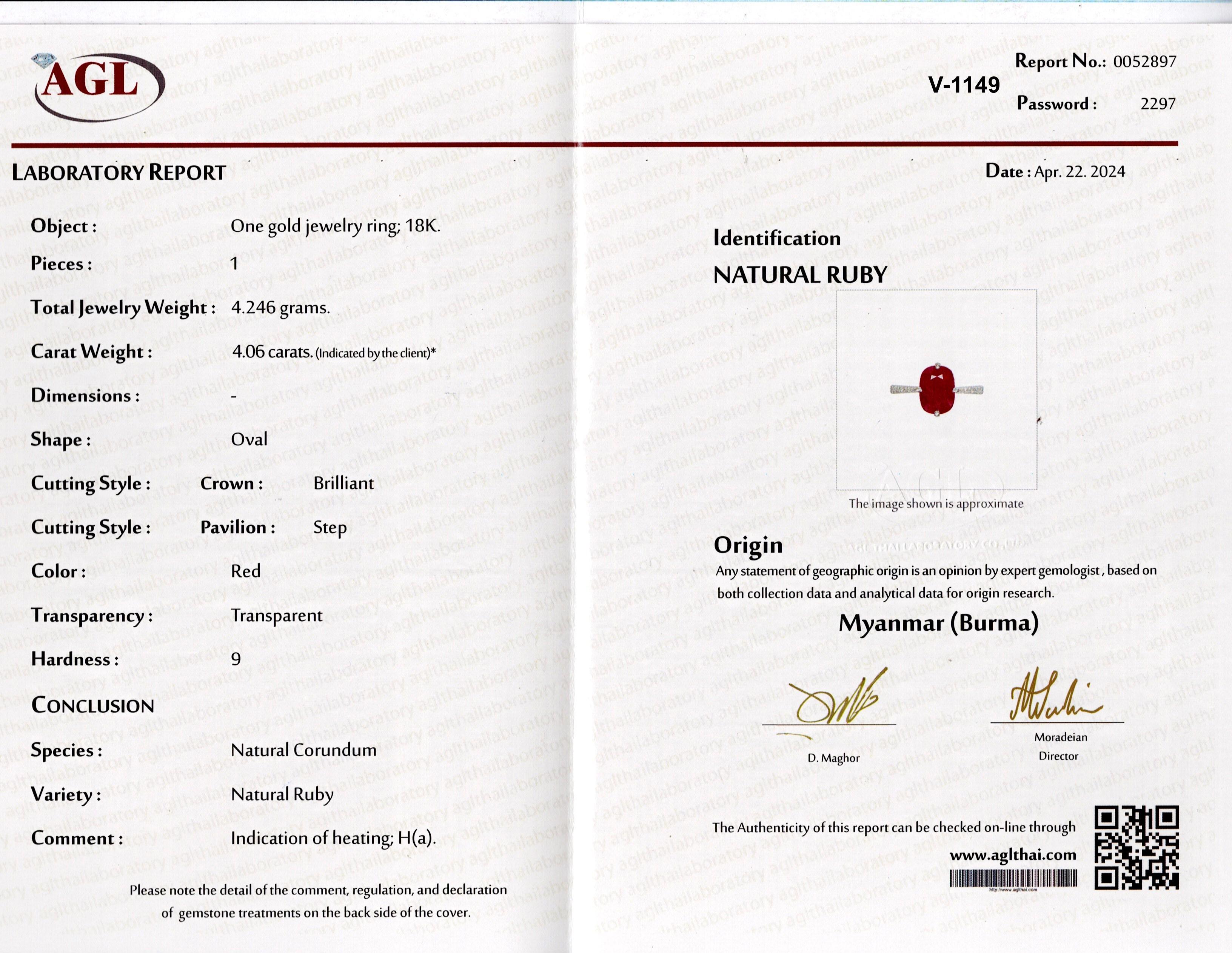 Certified 4.06 Carat Burma Ruby and Diamond Engagement Ring In New Condition For Sale In Bangkok, Thailand
