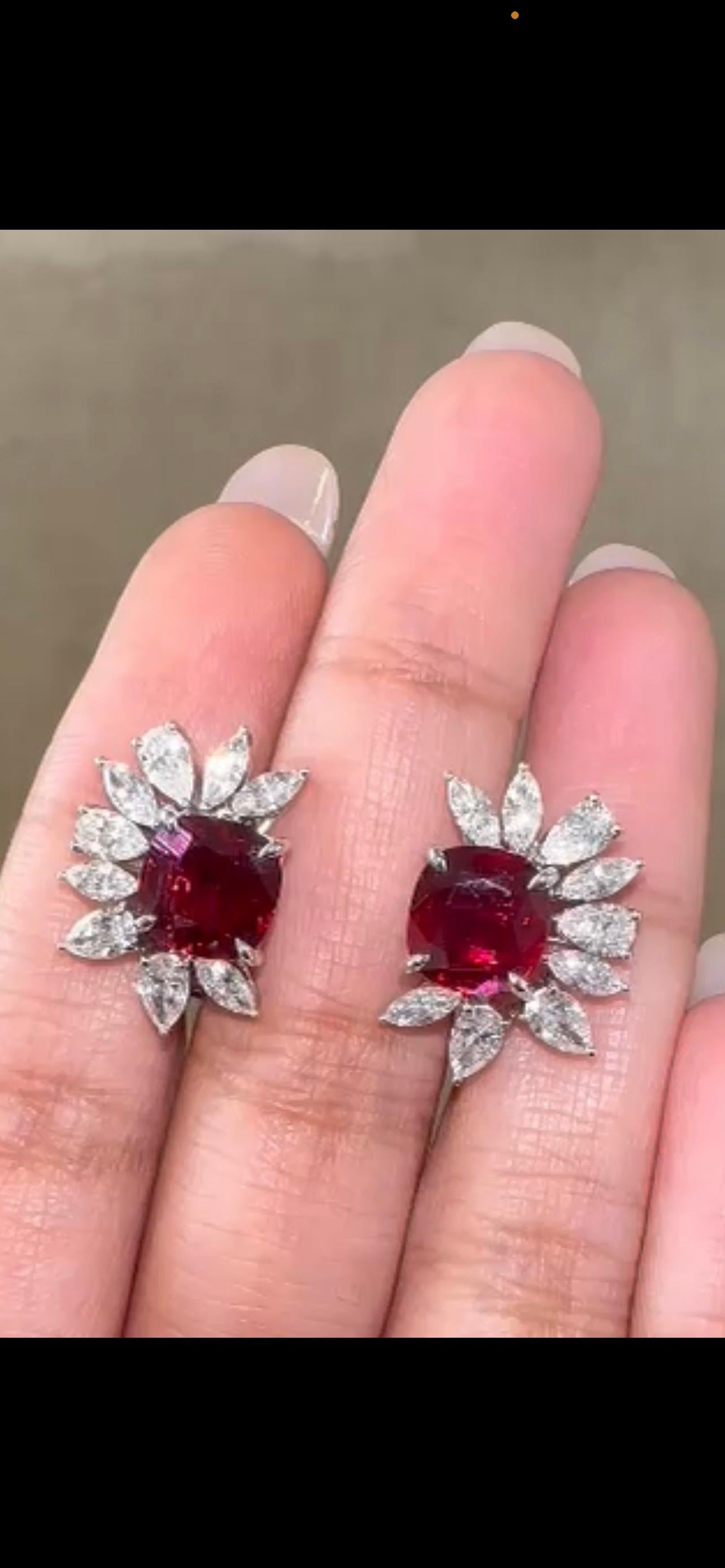 Cushion Cut Certified 4.06 Carat Natural Ruby and Diamond Studs