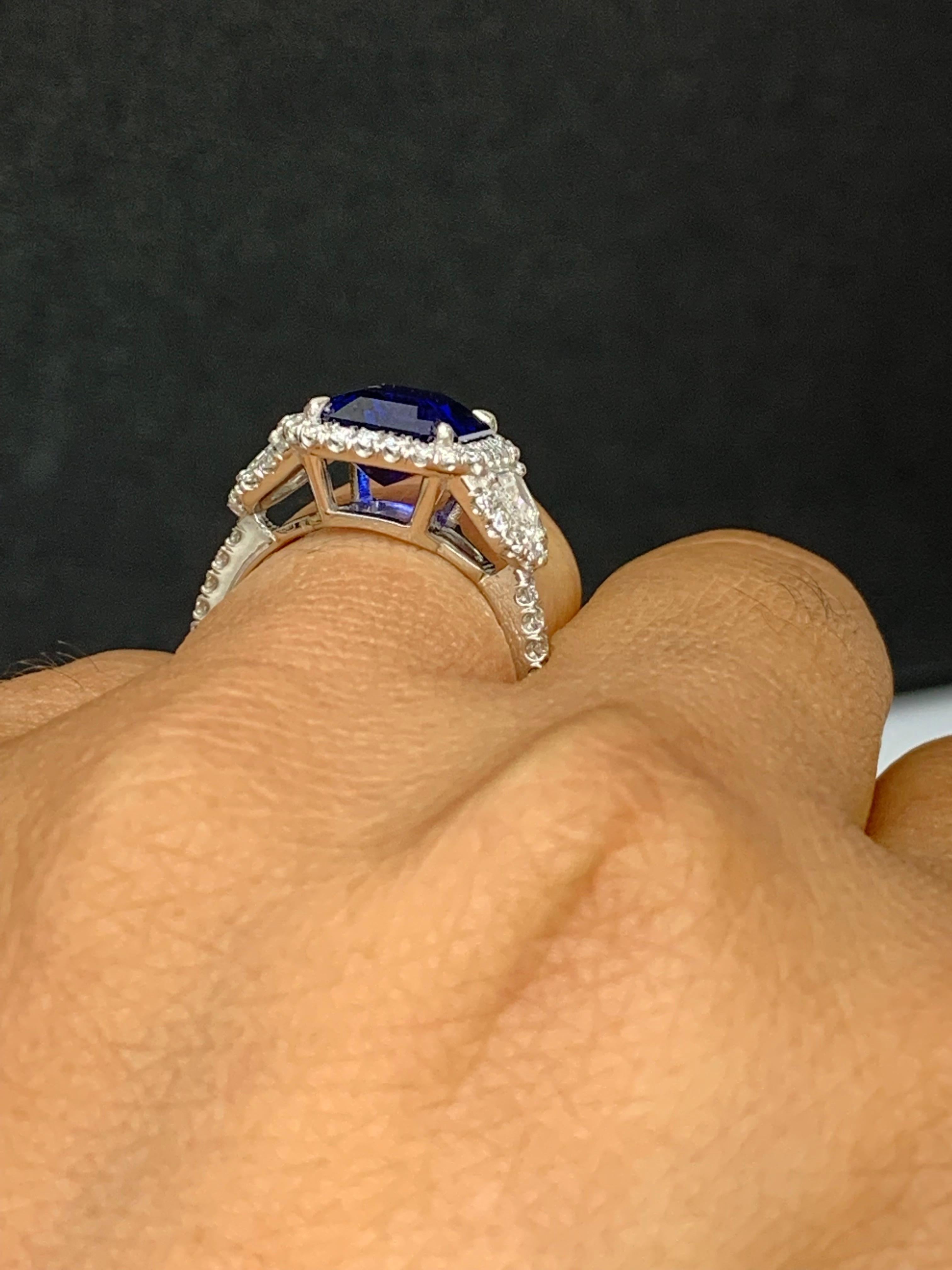 Certified 4.07 Carat Emerald Cut Sapphire Diamond 3 Stone Halo Ring in Platinum For Sale 4