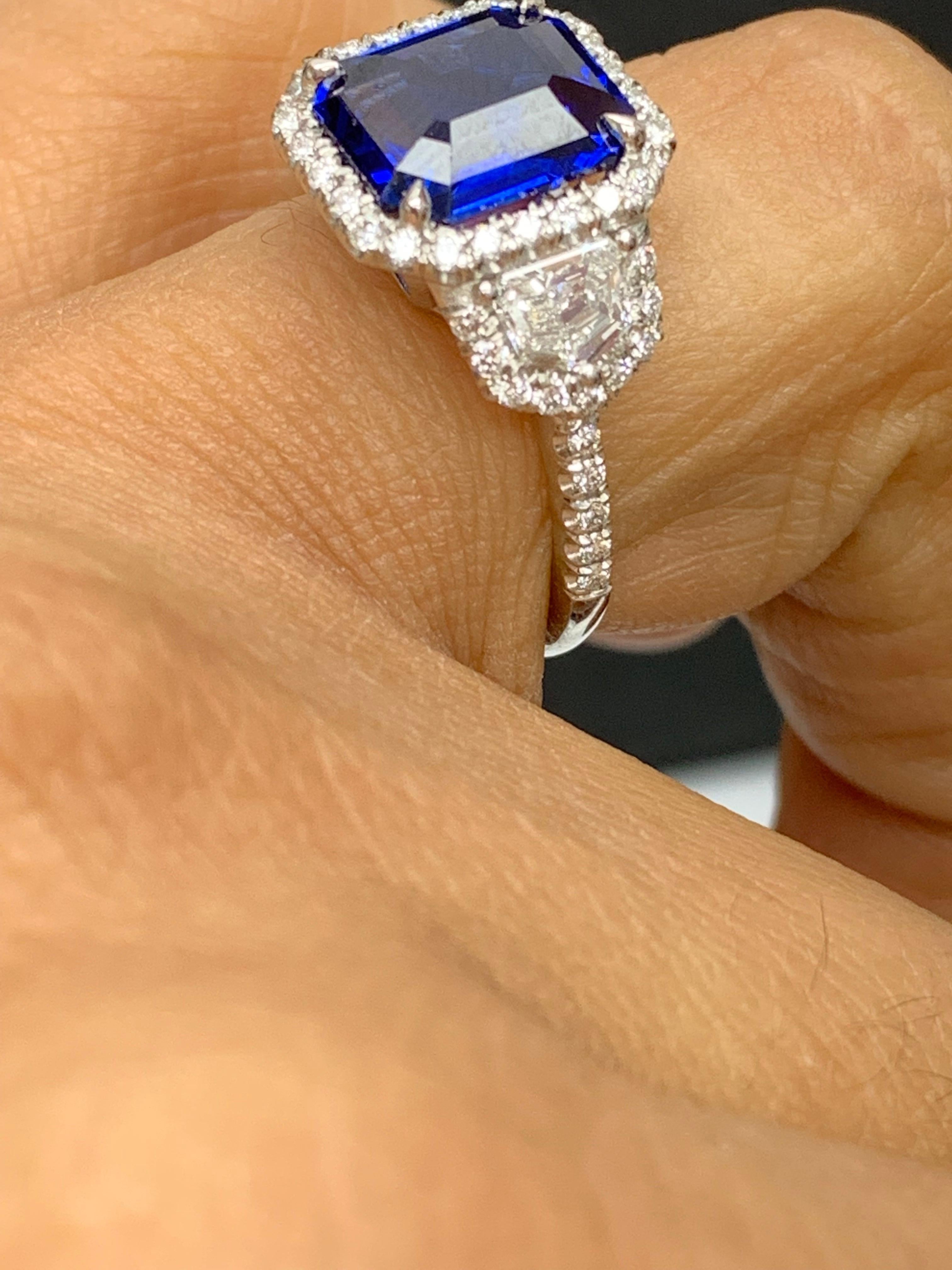 Certified 4.07 Carat Emerald Cut Sapphire Diamond 3 Stone Halo Ring in Platinum In New Condition For Sale In NEW YORK, NY