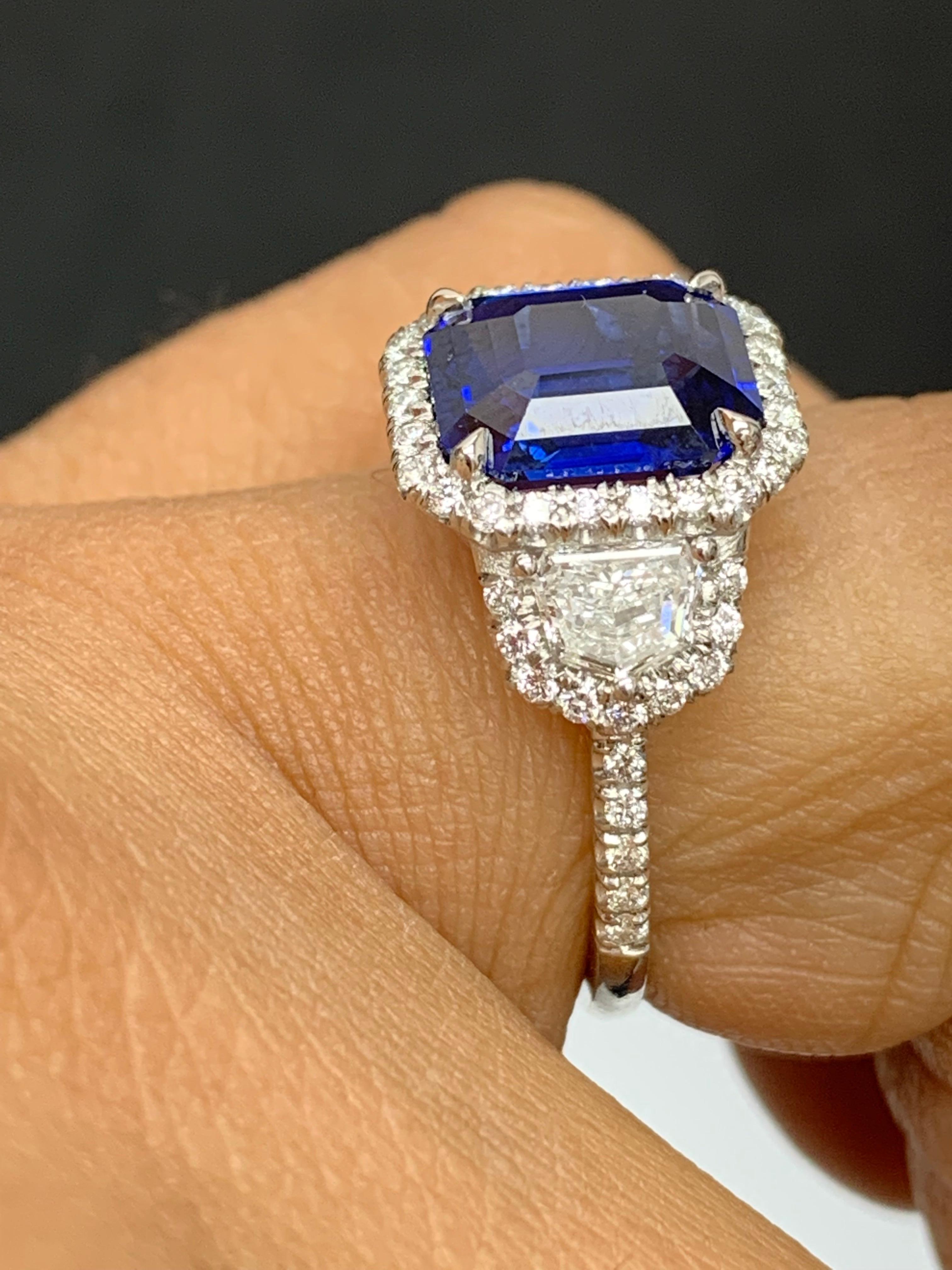Certified 4.07 Carat Emerald Cut Sapphire Diamond 3 Stone Halo Ring in Platinum For Sale 1
