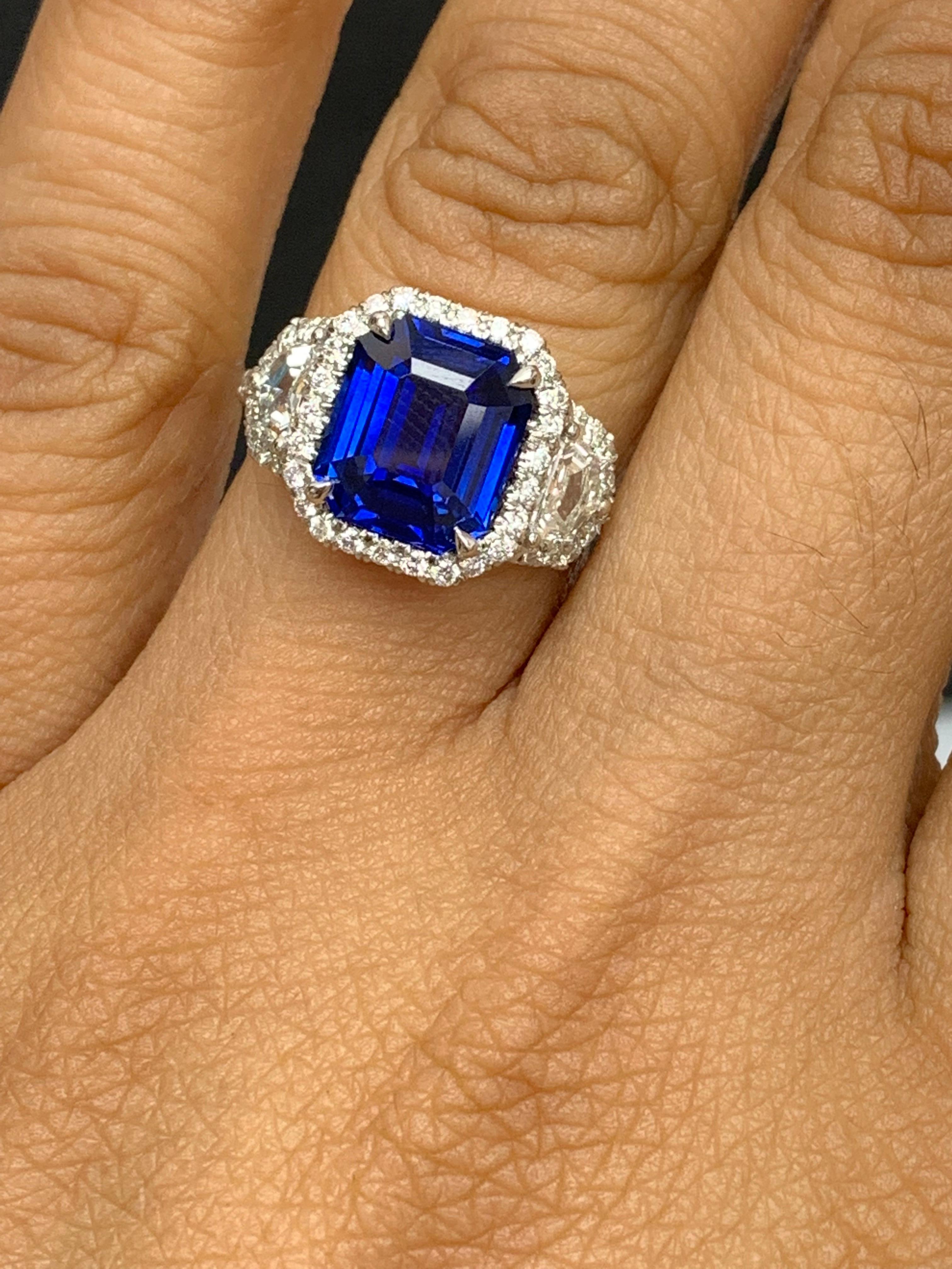 Certified 4.07 Carat Emerald Cut Sapphire Diamond 3 Stone Halo Ring in Platinum For Sale 2