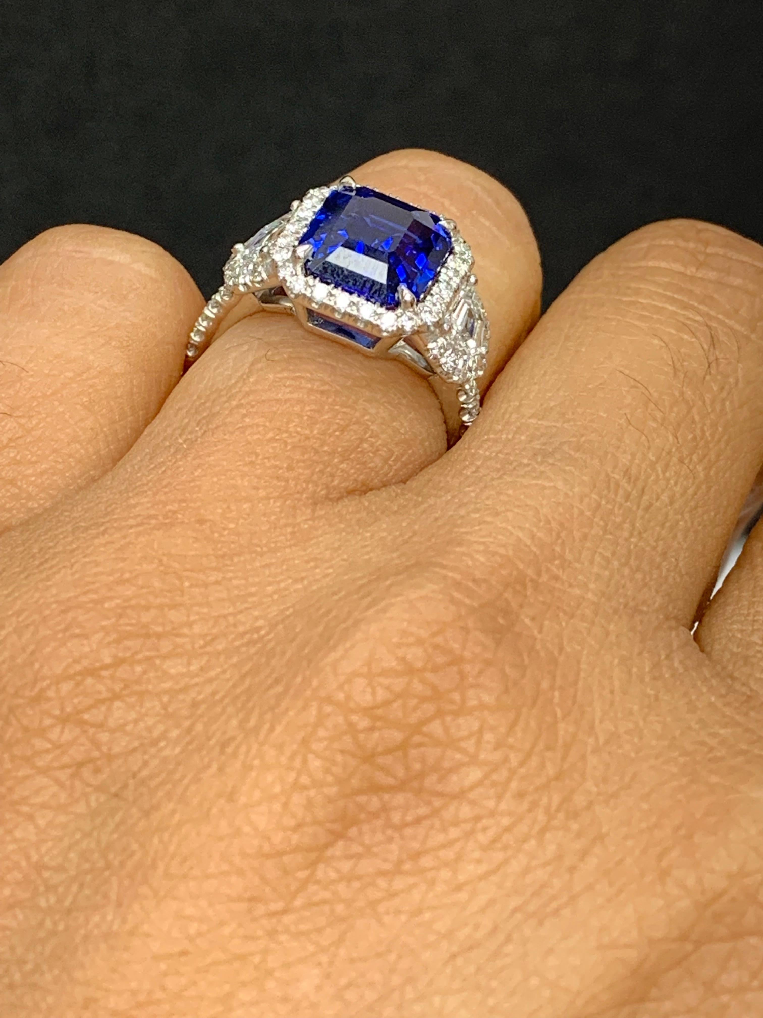 Certified 4.07 Carat Emerald Cut Sapphire Diamond 3 Stone Halo Ring in Platinum For Sale 3