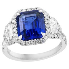 Certified 4.07 Carat Emerald Cut Sapphire Diamond 3 Stone Halo Ring in Platinum