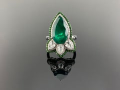 Certified 4.08 Carat Pear Shape Emerald and Diamond Cocktail Ring