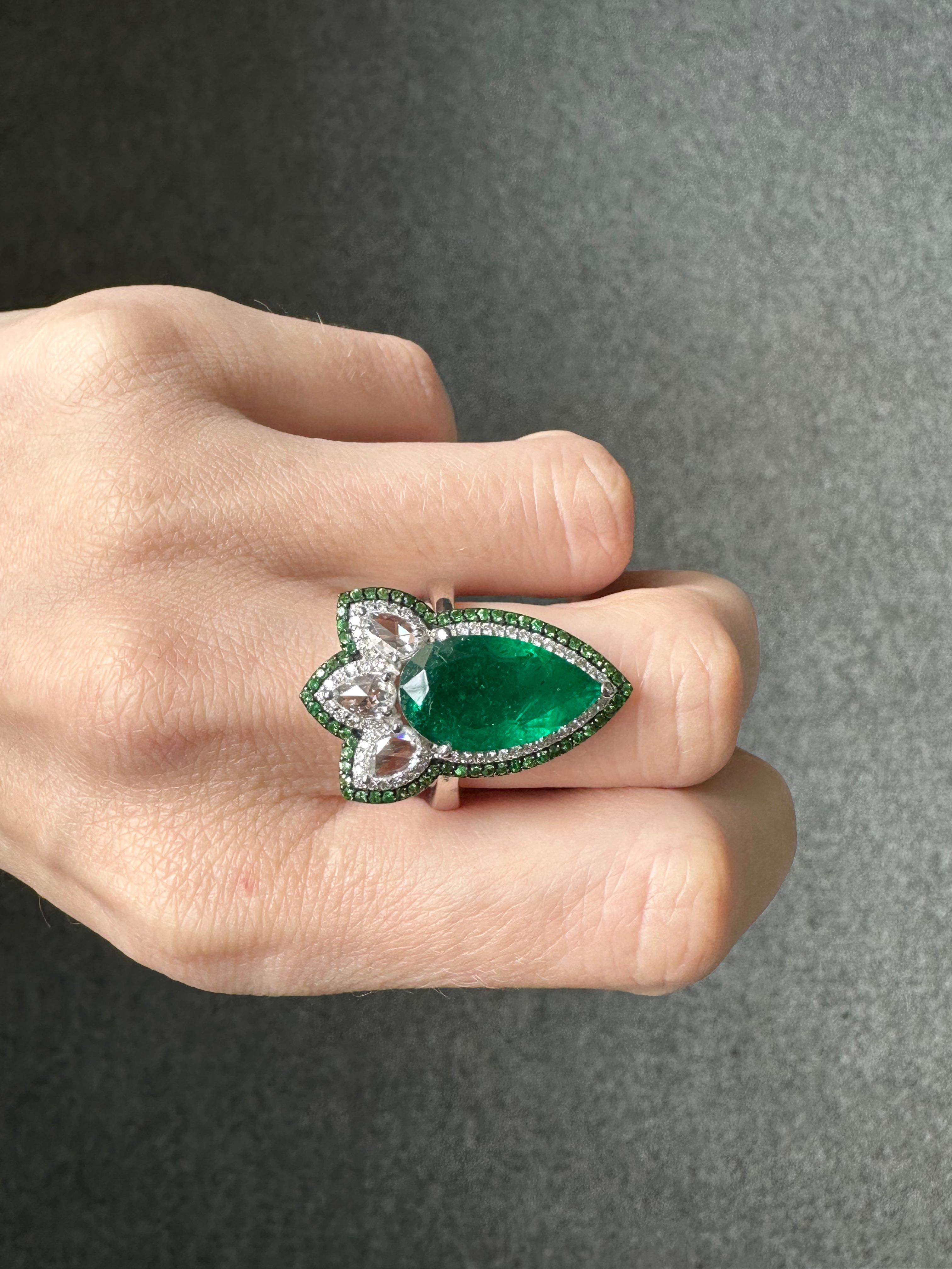 Art Deco Certified 4.08 Carat Pear Shape Emerald and Diamond Cocktail Ring For Sale