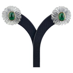 Certified 4.10 Carat Emerald Cabochon and Rock Crystal Stud Earrings