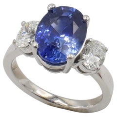 Certified 4.13 Carat Natural Ceylon Blue Sapphire & Diamond Three Stone Ring