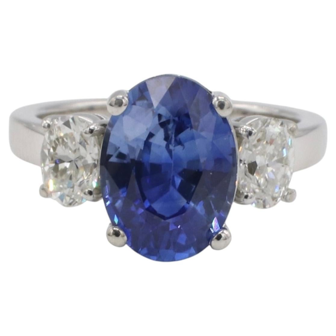 Certified 4.13 Carat Natural Ceylon Blue Sapphire & Diamond Three Stone Ring