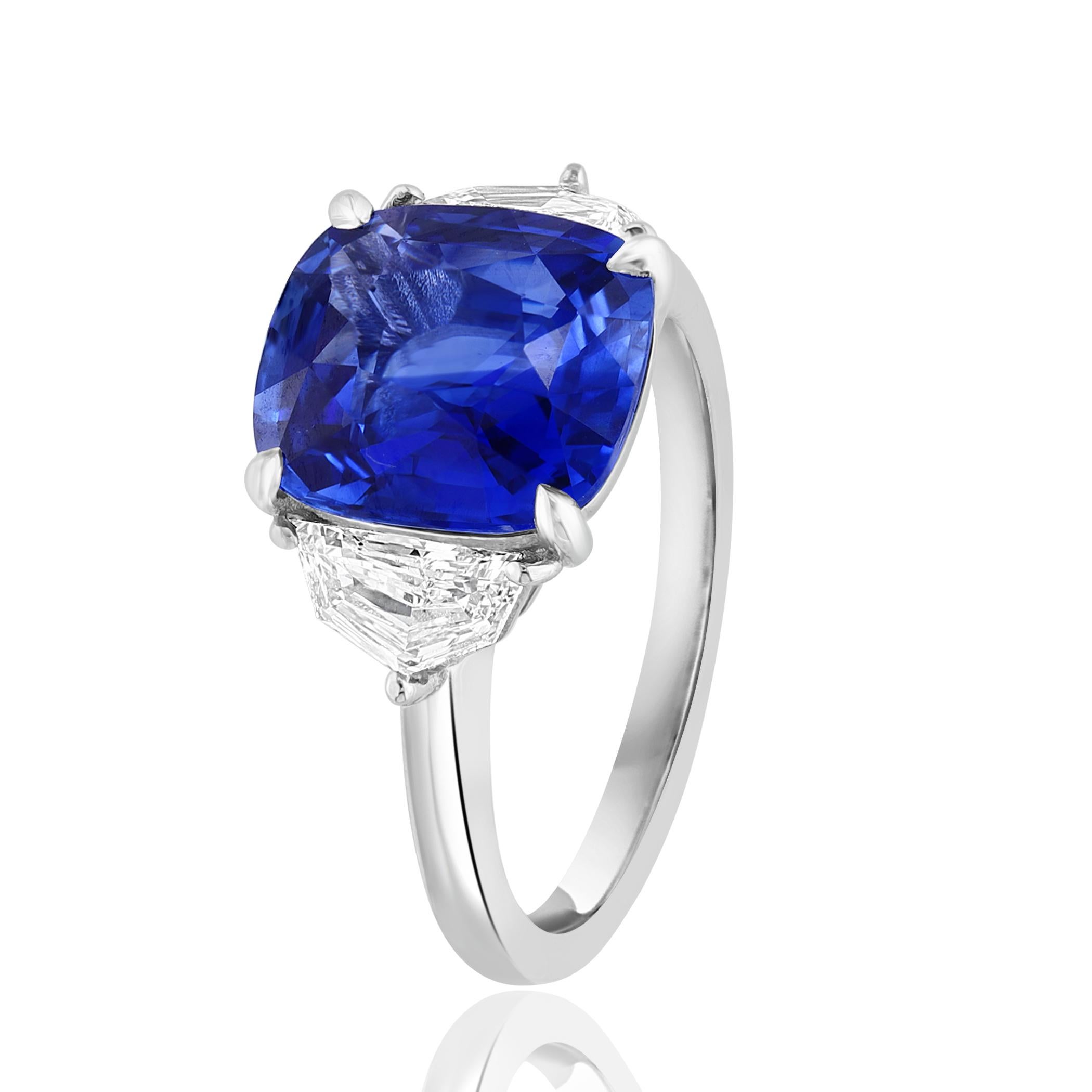 Modern Certified 4.15 Carat Cushion Cut Sapphire Diamond Three-Stone Engagement Ring  For Sale