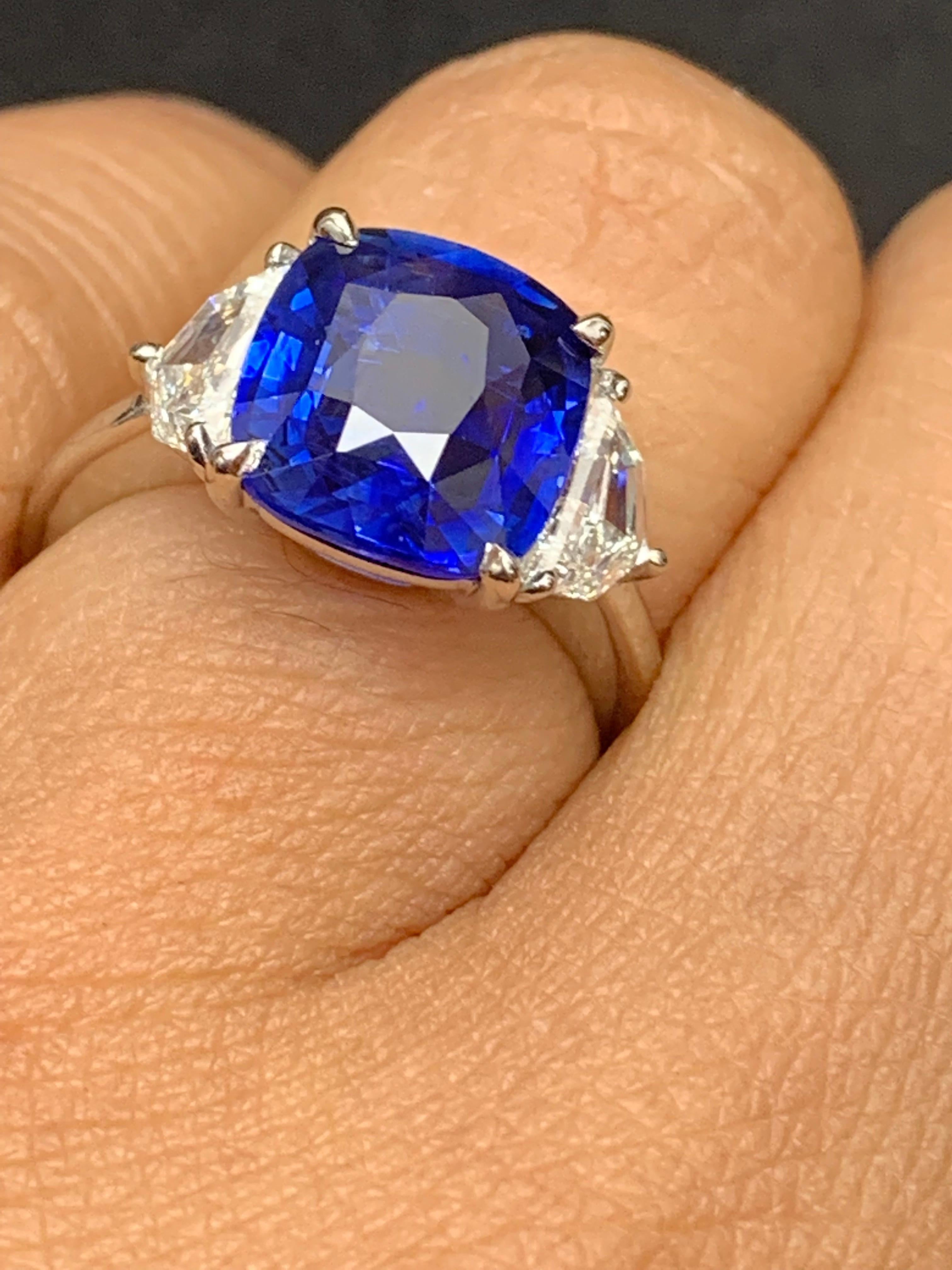 Women's Certified 4.15 Carat Cushion Cut Sapphire Diamond Three-Stone Engagement Ring  For Sale