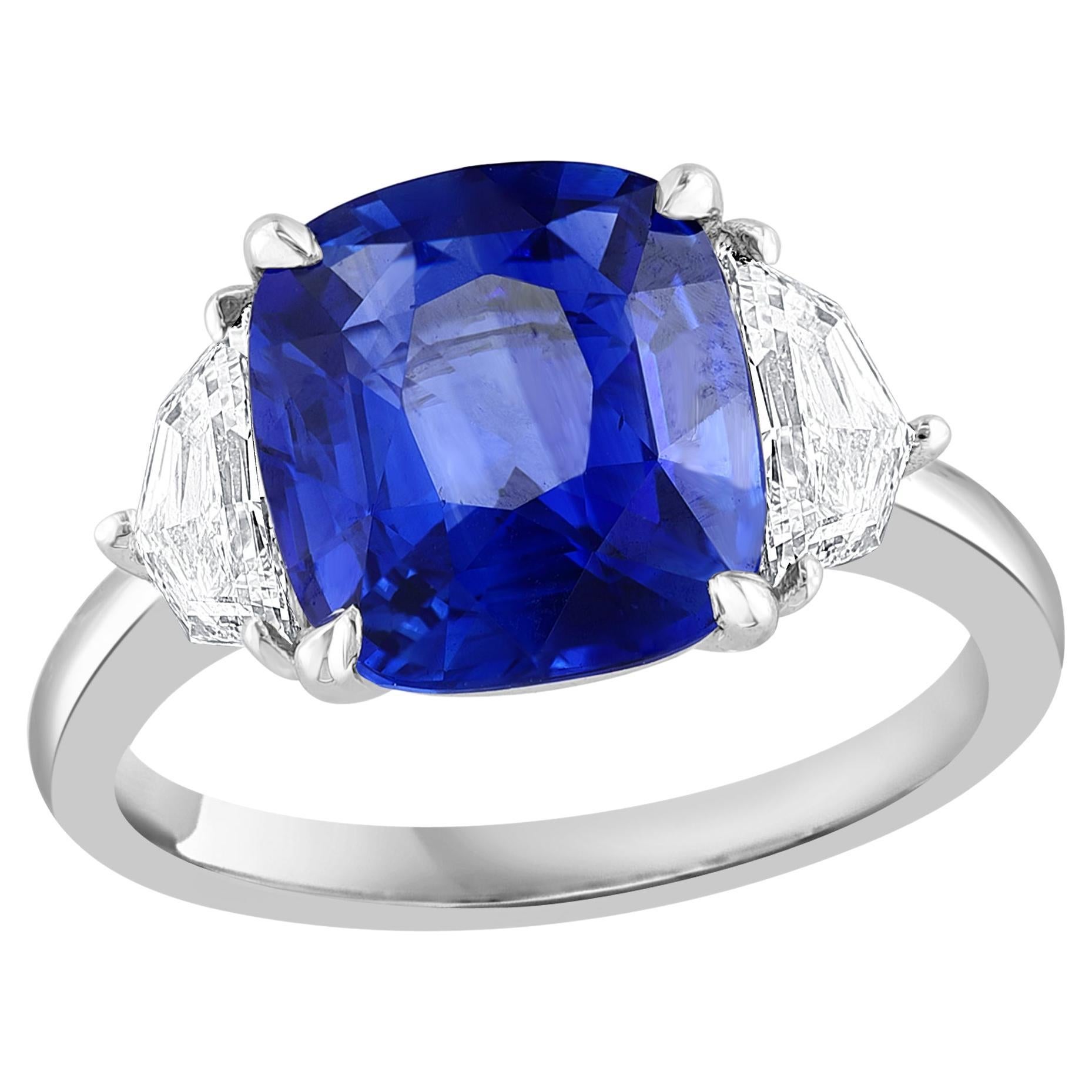 Certified 4.15 Carat Cushion Cut Sapphire Diamond Three-Stone Engagement Ring 