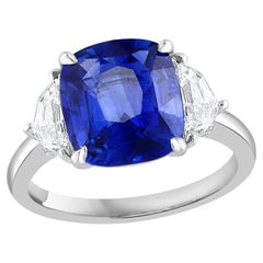 Certified 4.15 Carat Cushion Cut Sapphire Diamond Three-Stone Engagement Ring 