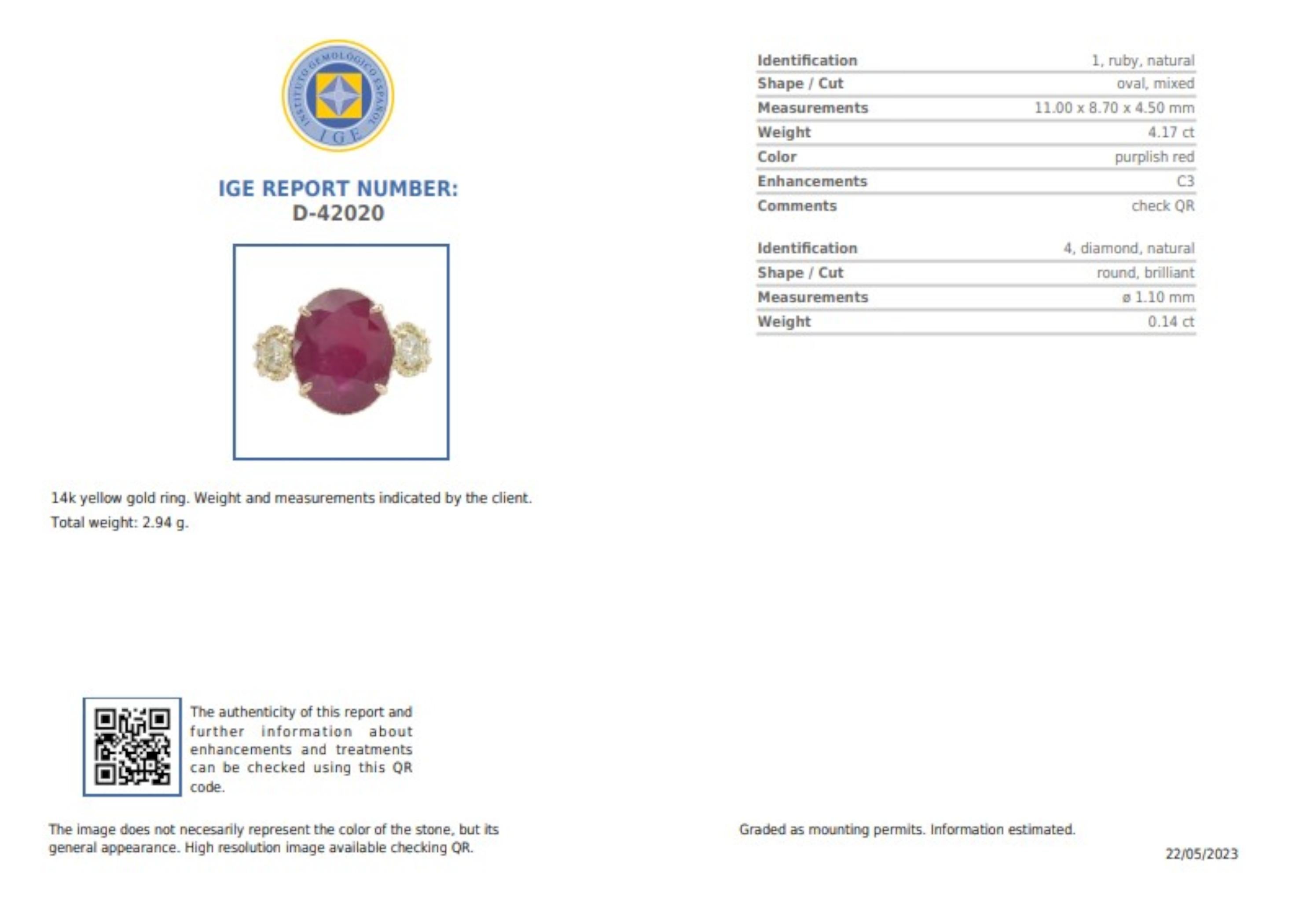 Certified 4.17 carats Ruby Diamond 14K Gold Ring - Contemporary Handmade For Sale 5