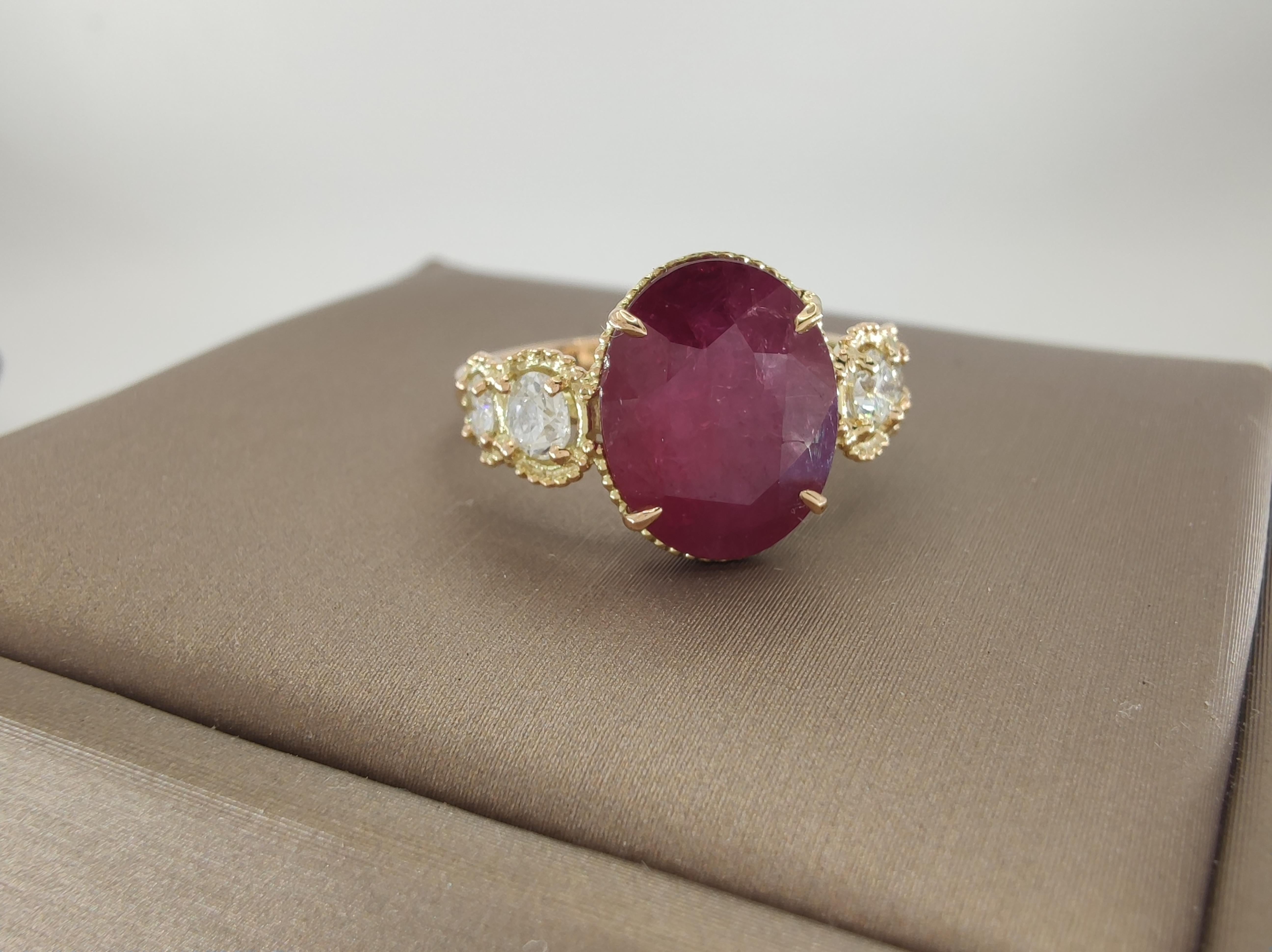 Oval Cut Certified 4.17 carats Ruby Diamond 14K Gold Ring - Contemporary Handmade For Sale