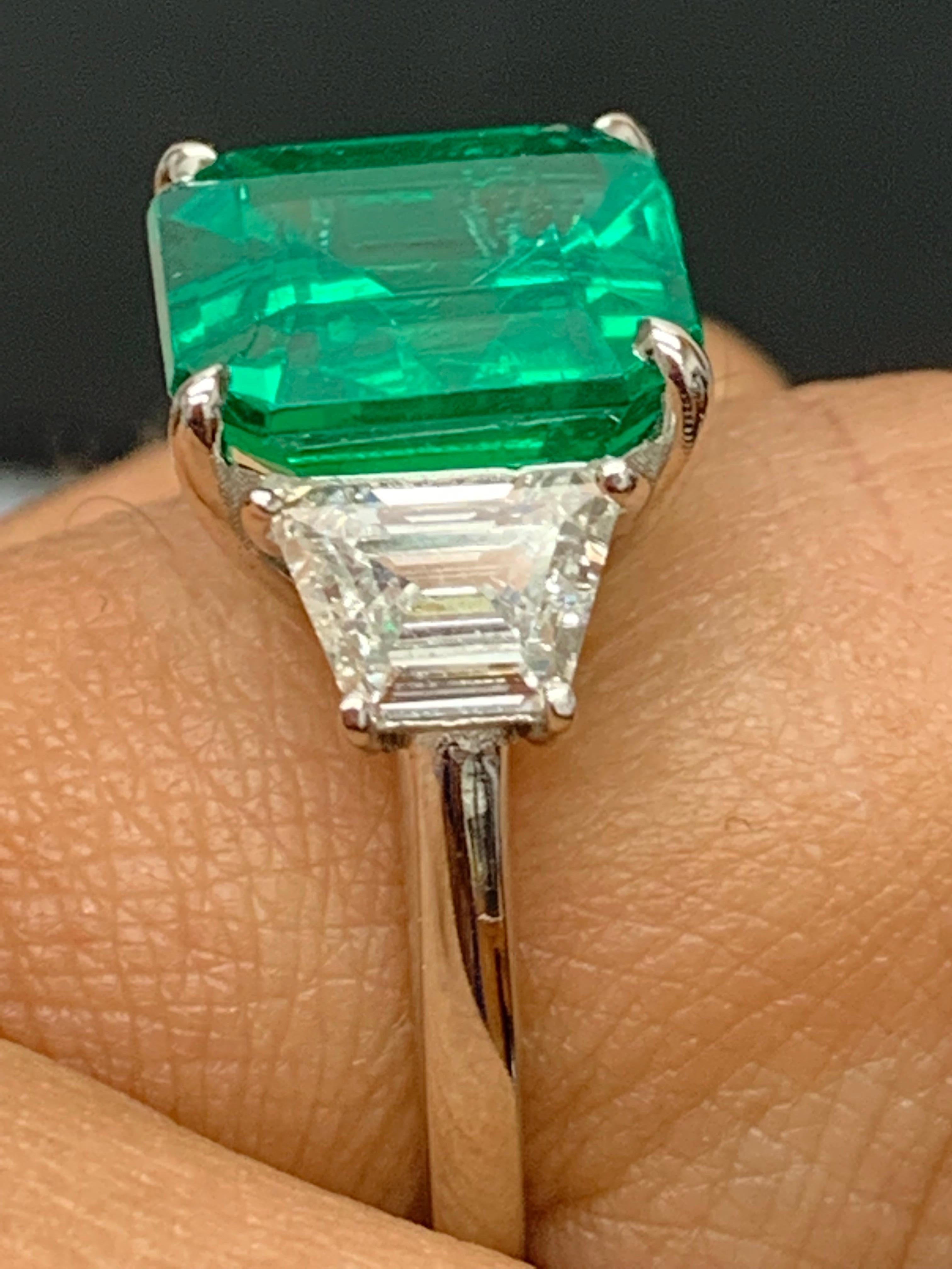 Certified 4.26 Carat Emerald Cut Emerald and Diamond 3 Stone Engagement Ring For Sale 11