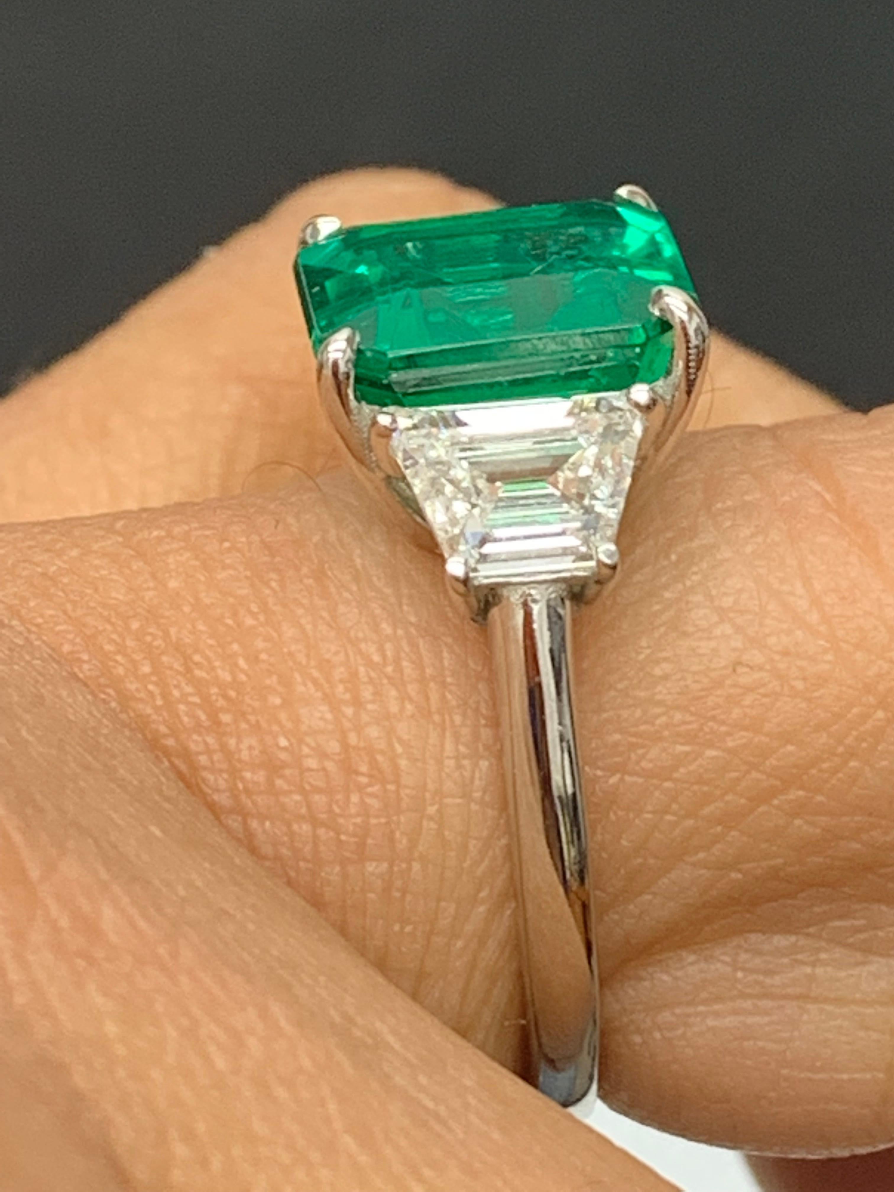 Certified 4.26 Carat Emerald Cut Emerald and Diamond 3 Stone Engagement Ring For Sale 12