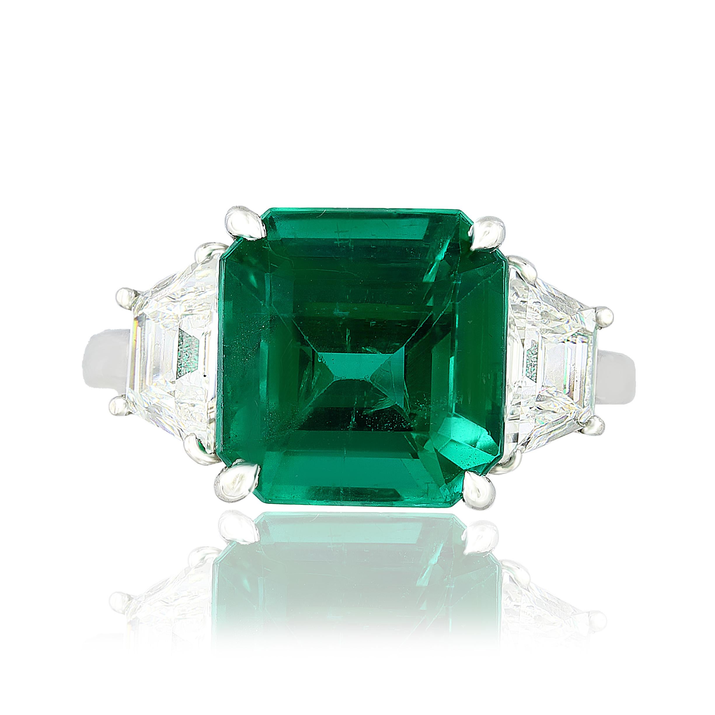 Cushion Cut Certified 4.26 Carat Emerald Cut Emerald and Diamond 3 Stone Engagement Ring For Sale