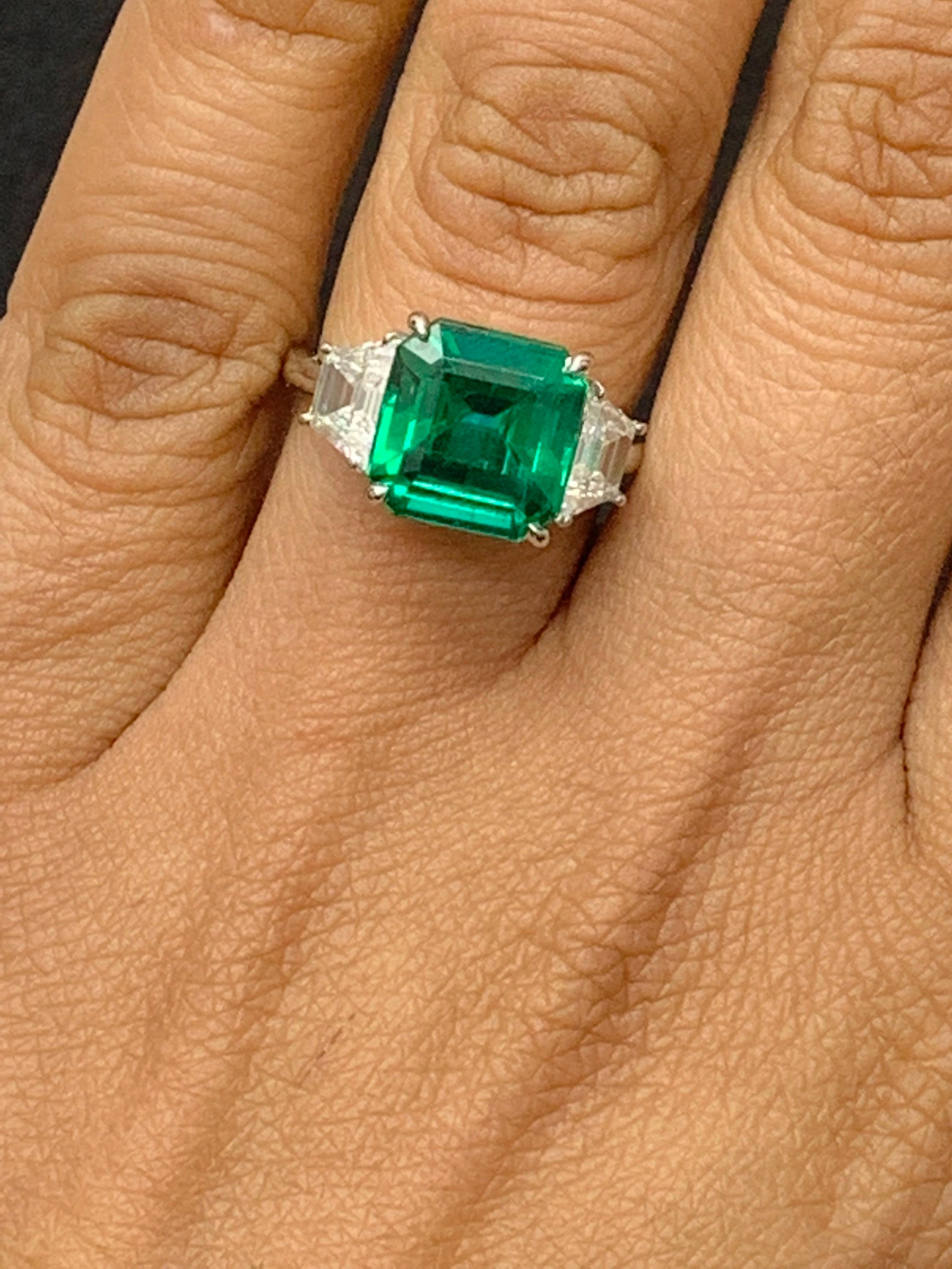 Women's Certified 4.26 Carat Emerald Cut Emerald and Diamond 3 Stone Engagement Ring For Sale