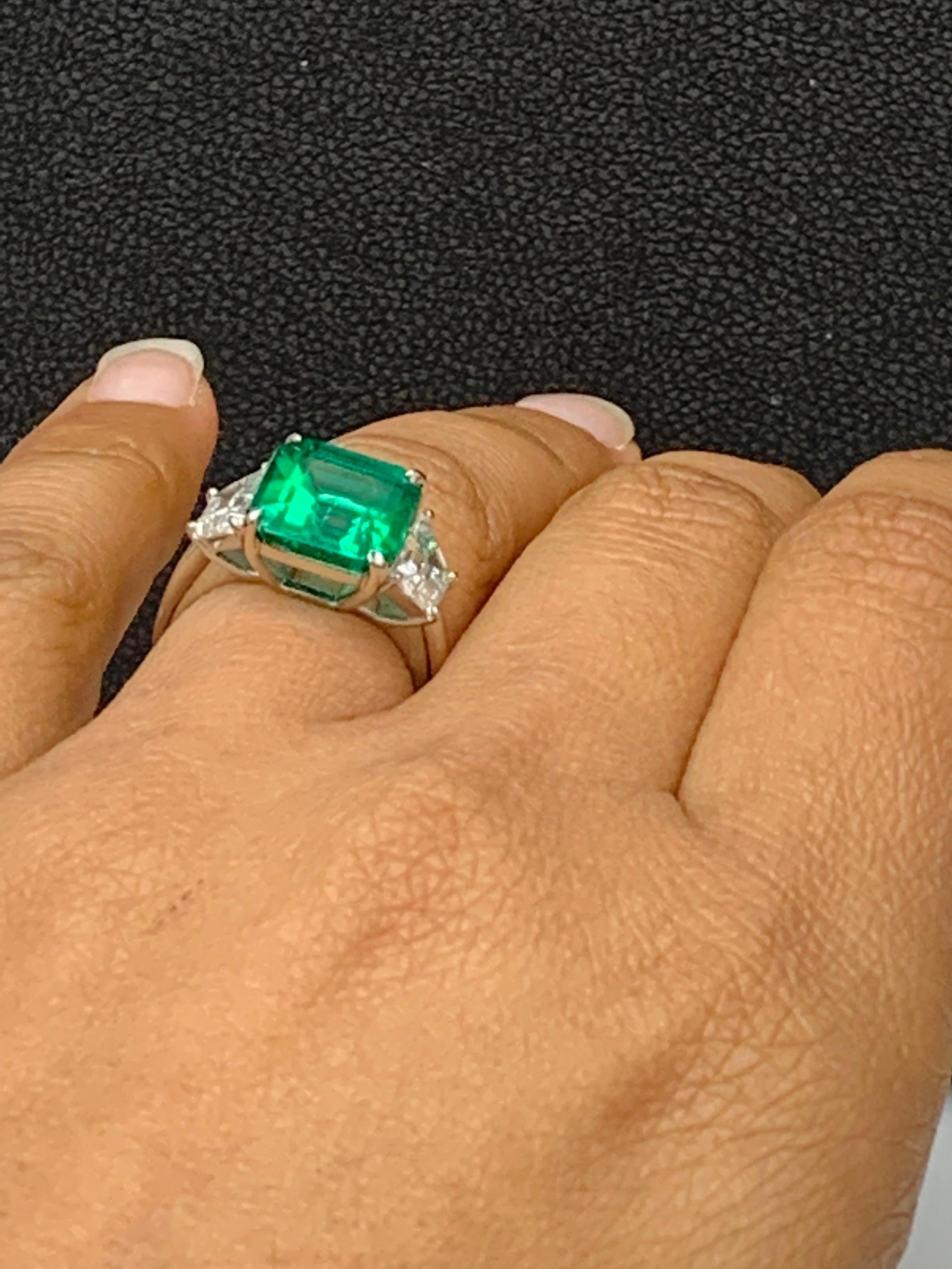 Certified 4.26 Carat Emerald Cut Emerald and Diamond 3 Stone Engagement Ring For Sale 1