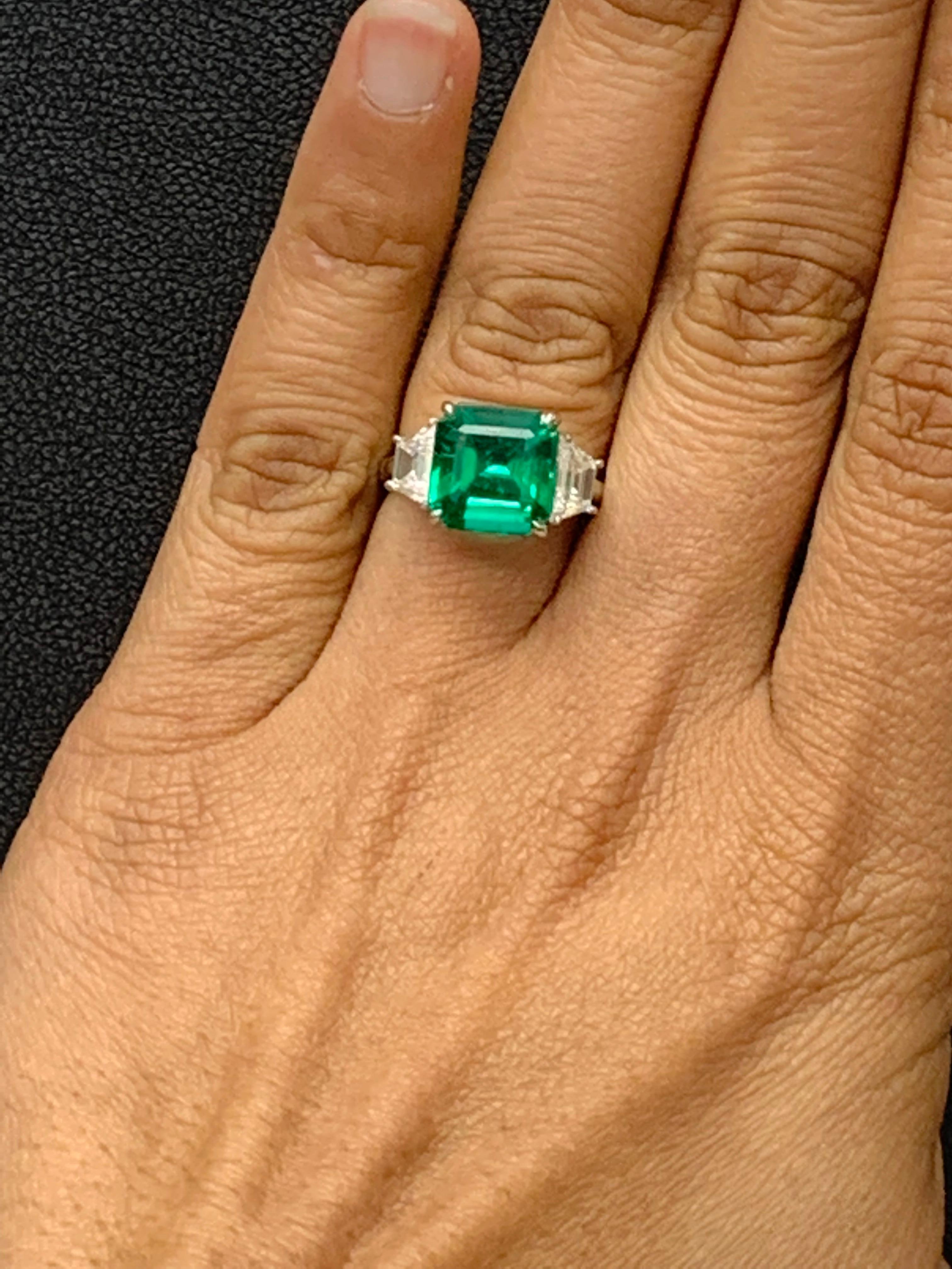 Certified 4.26 Carat Emerald Cut Emerald and Diamond 3 Stone Engagement Ring For Sale 2