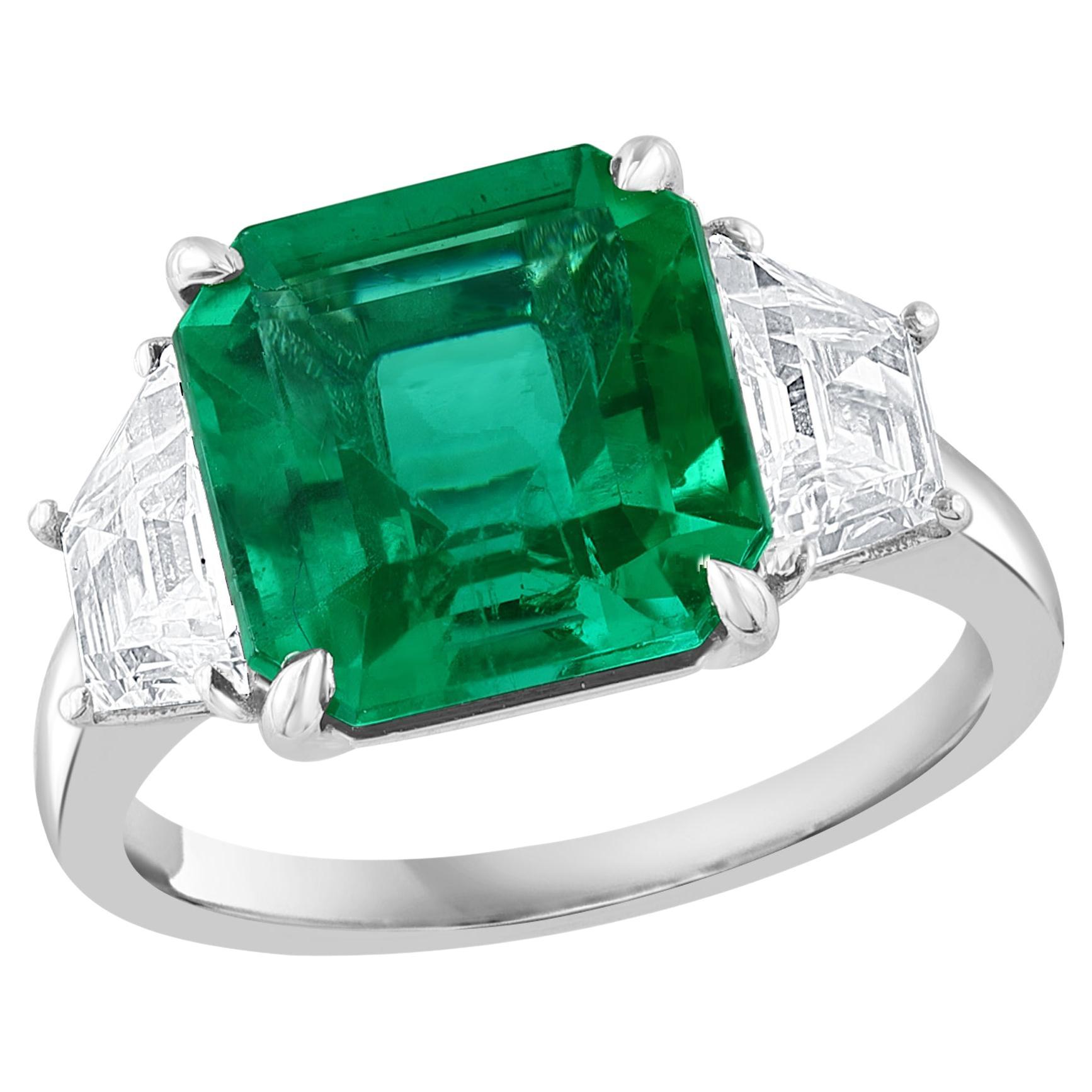 Certified 4.26 Carat Emerald Cut Emerald and Diamond 3 Stone Engagement Ring For Sale