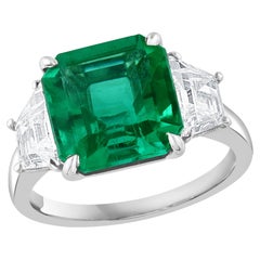 Certified 4.26 Carat Emerald Cut Emerald and Diamond 3 Stone Engagement Ring