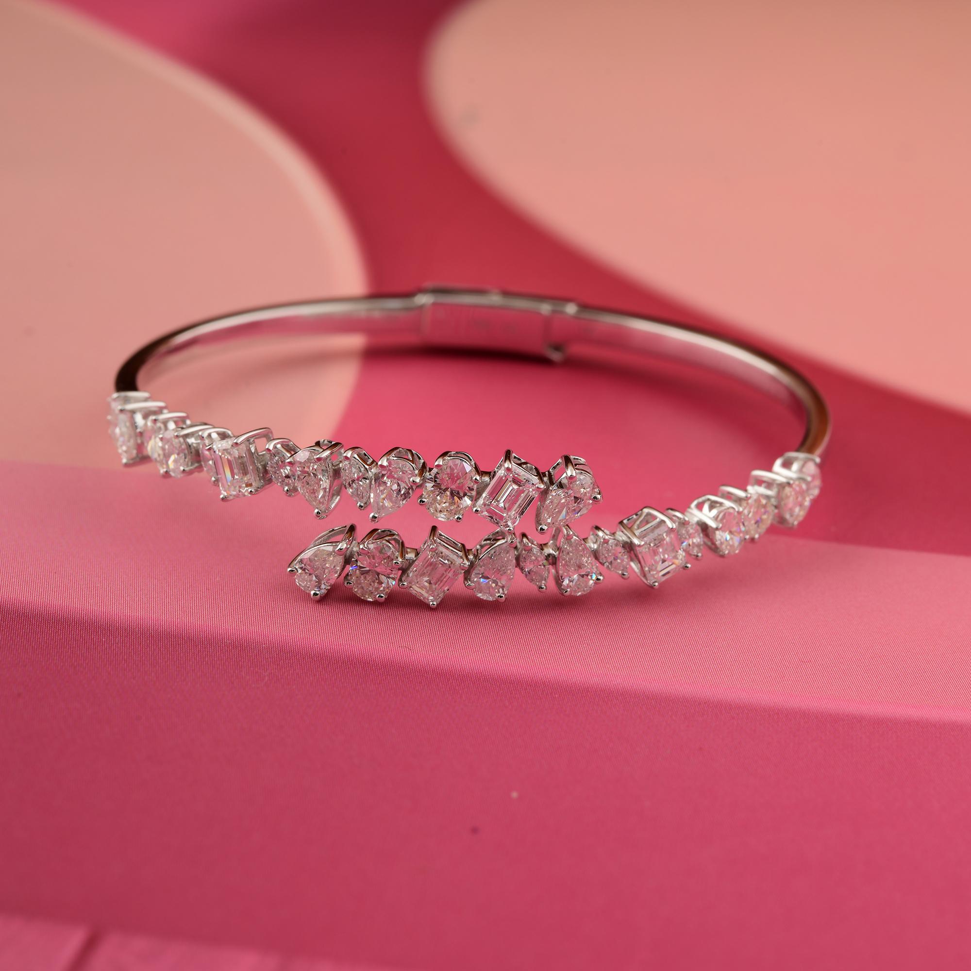 Certified 4.28Ct Multi Shape Diamond Bypass Cuff Bracelet 14k White Gold Jewelry en vente 1