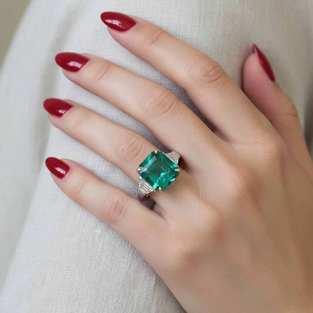 Zertifizierter 4,3 Karat Muzo Colombian Asscher Cut Smaragd und Diamantring (Zeitgenössisch) im Angebot