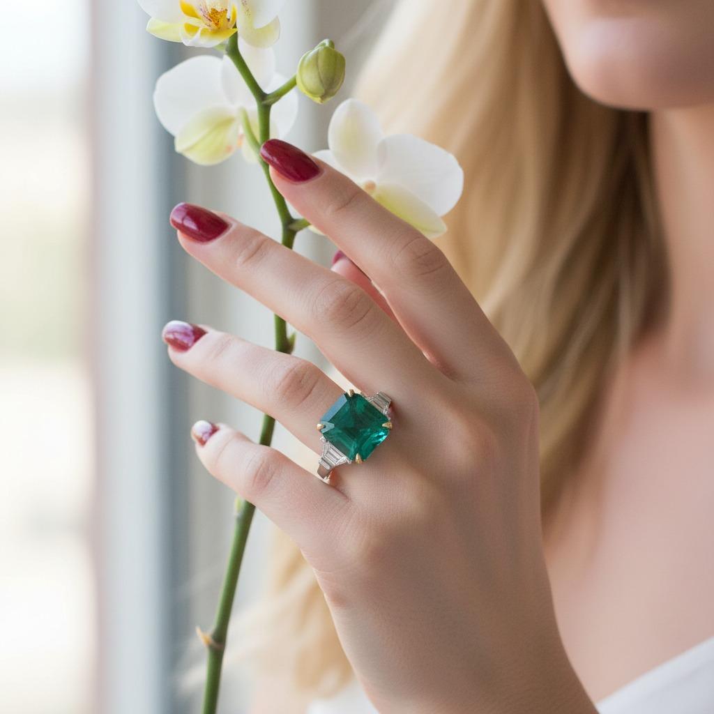 Zertifizierter 4,3 Karat Muzo Colombian Asscher Cut Smaragd und Diamantring (Smaragdschliff) im Angebot