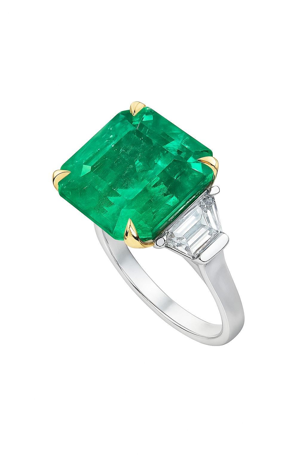 Zertifizierter 4,3 Karat Muzo Colombian Asscher Cut Smaragd und Diamantring im Zustand „Neu“ im Angebot in Chicago, IL