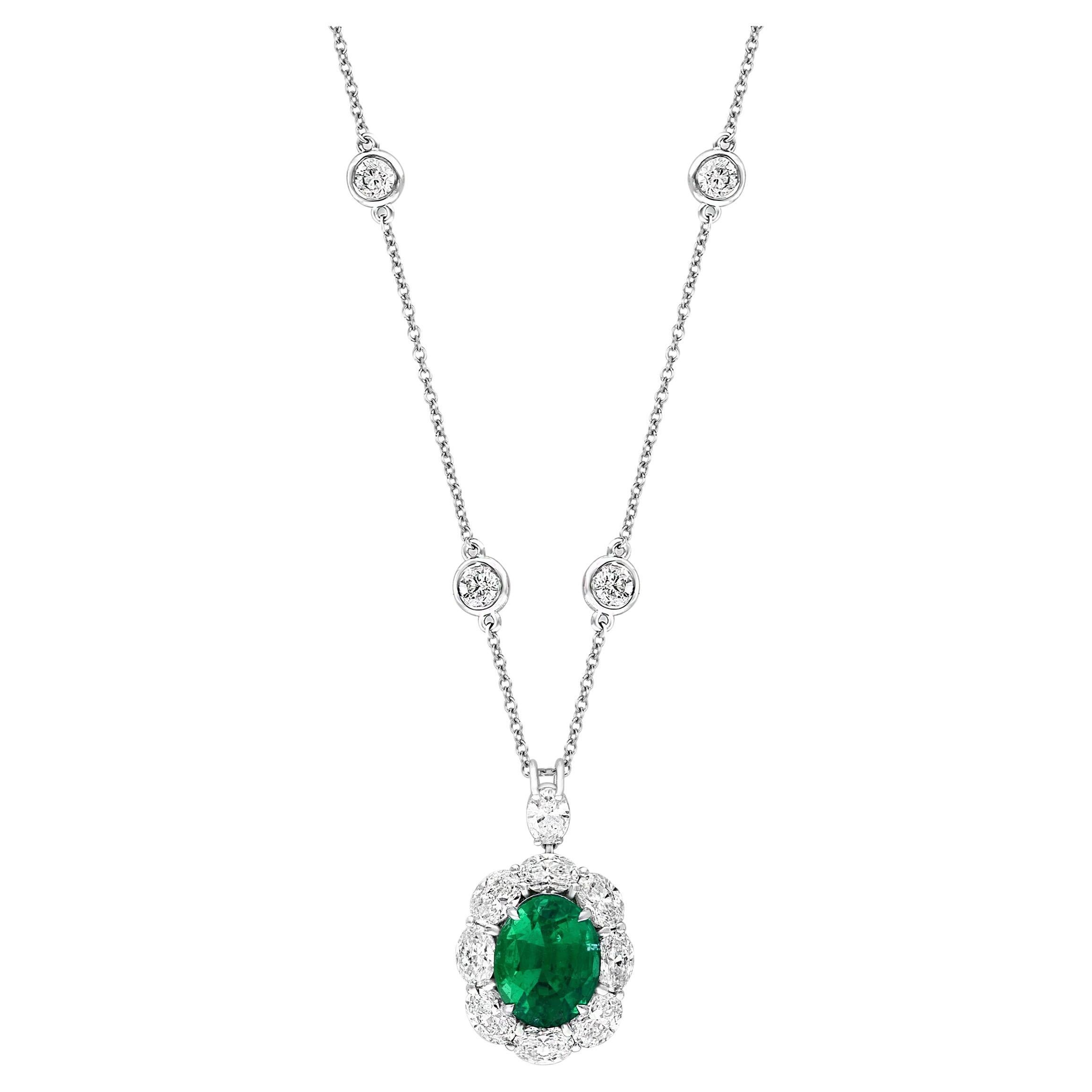 CERTIFIED 4.31 Carat Oval cut Emerald and Diamond Drop Necklace in 18K WhiteGold