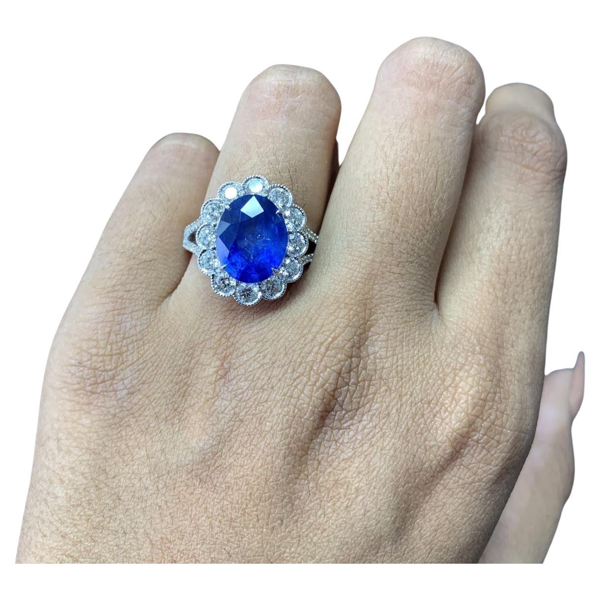 Certified 4.32 Carat Ceylon Blue Sapphire Cut Diamond Ring  For Sale