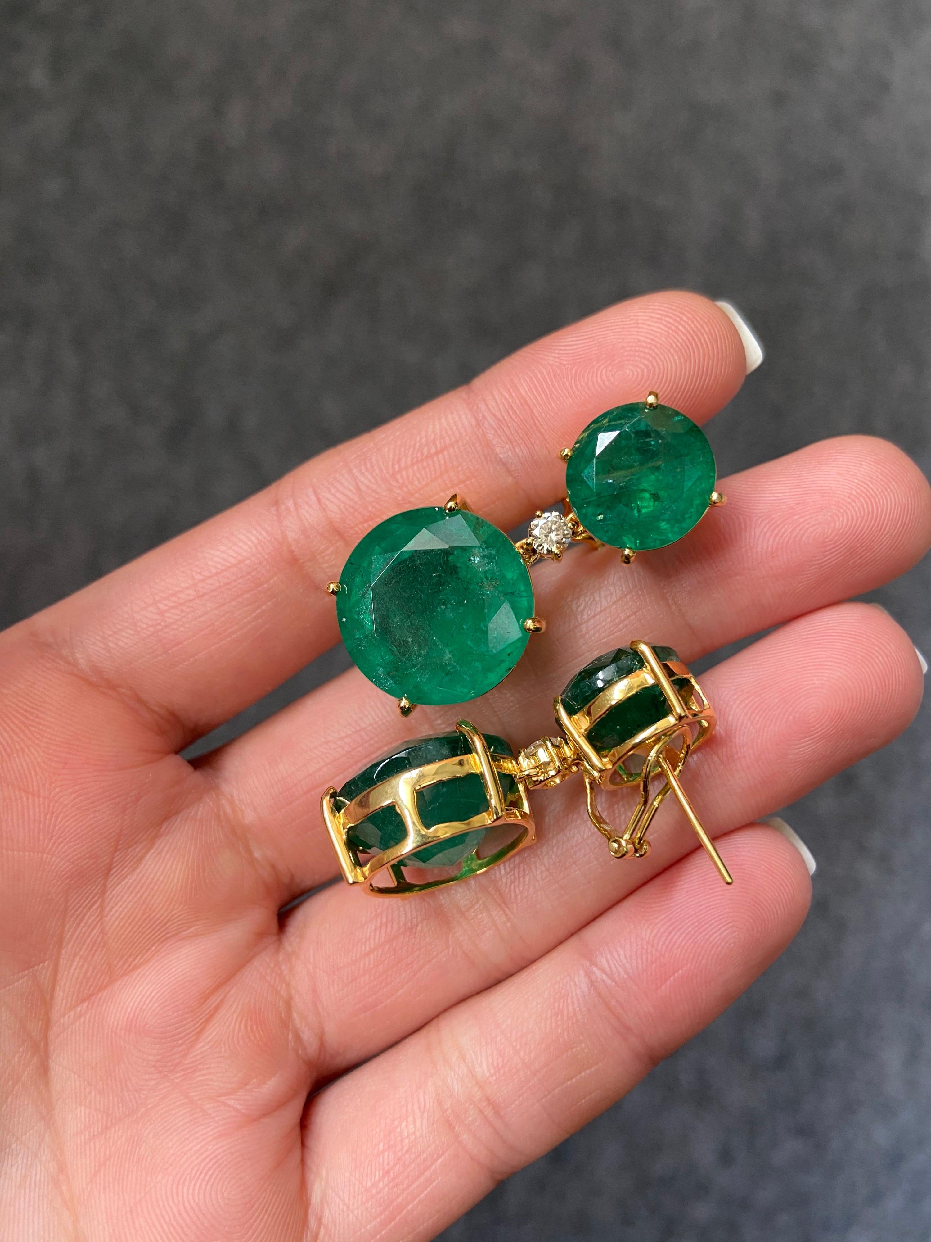 Modern Certified 44.07 Carat Round Emerald and Diamond Dangle Earrings