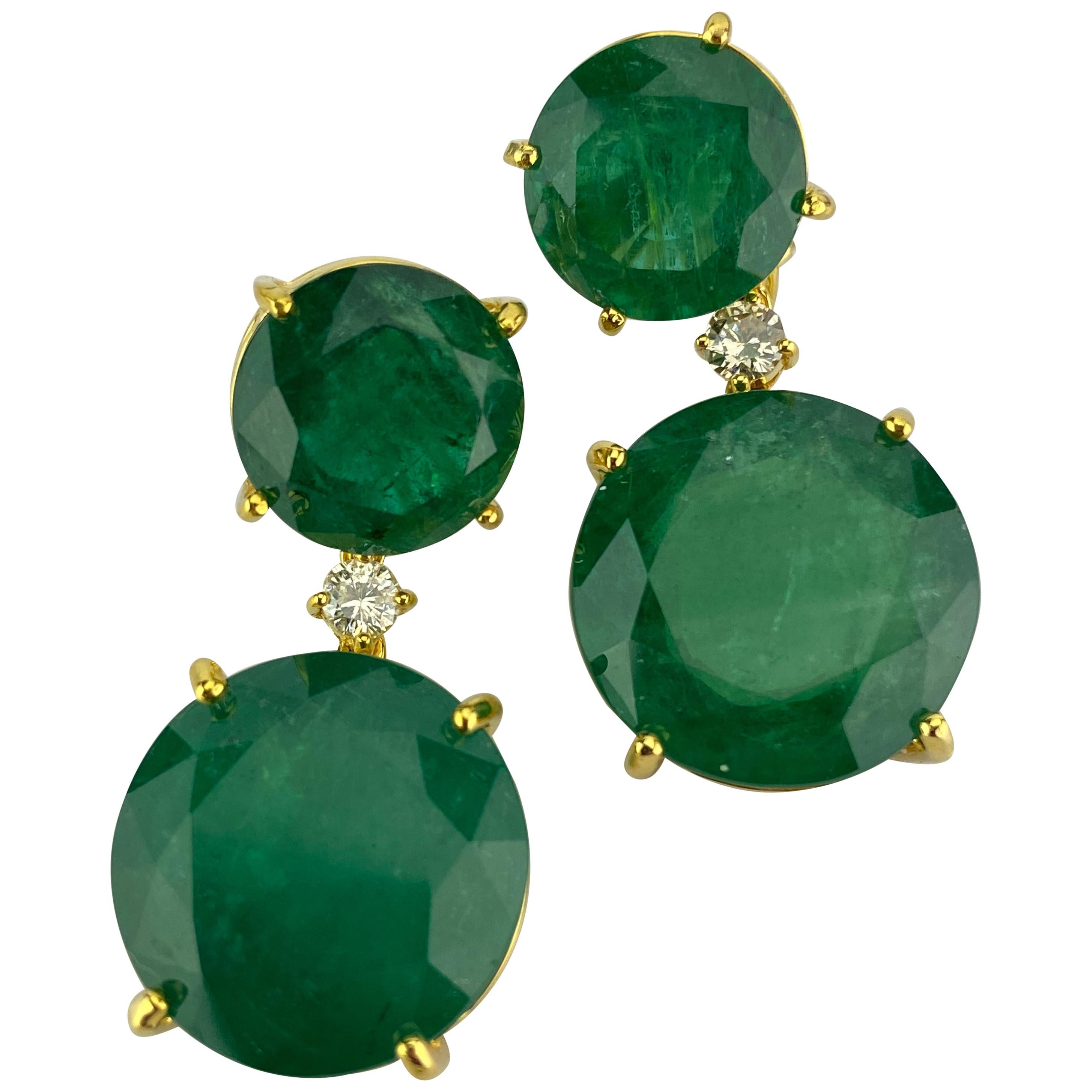 Certified 44.07 Carat Round Emerald and Diamond Dangle Earrings