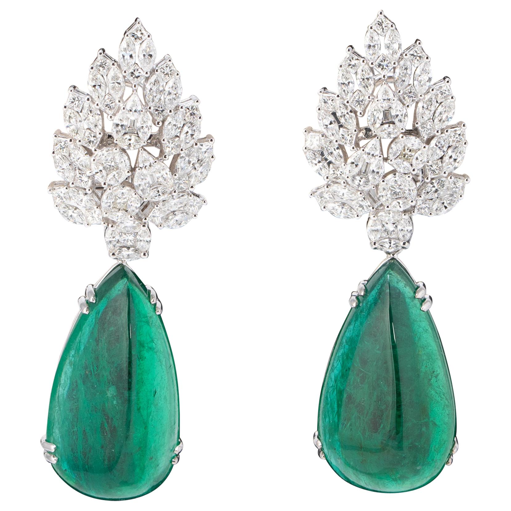 Certified 44.34 Carat Pear Shape Emerald and Diamond 18 Karat Gold Drop Earrings