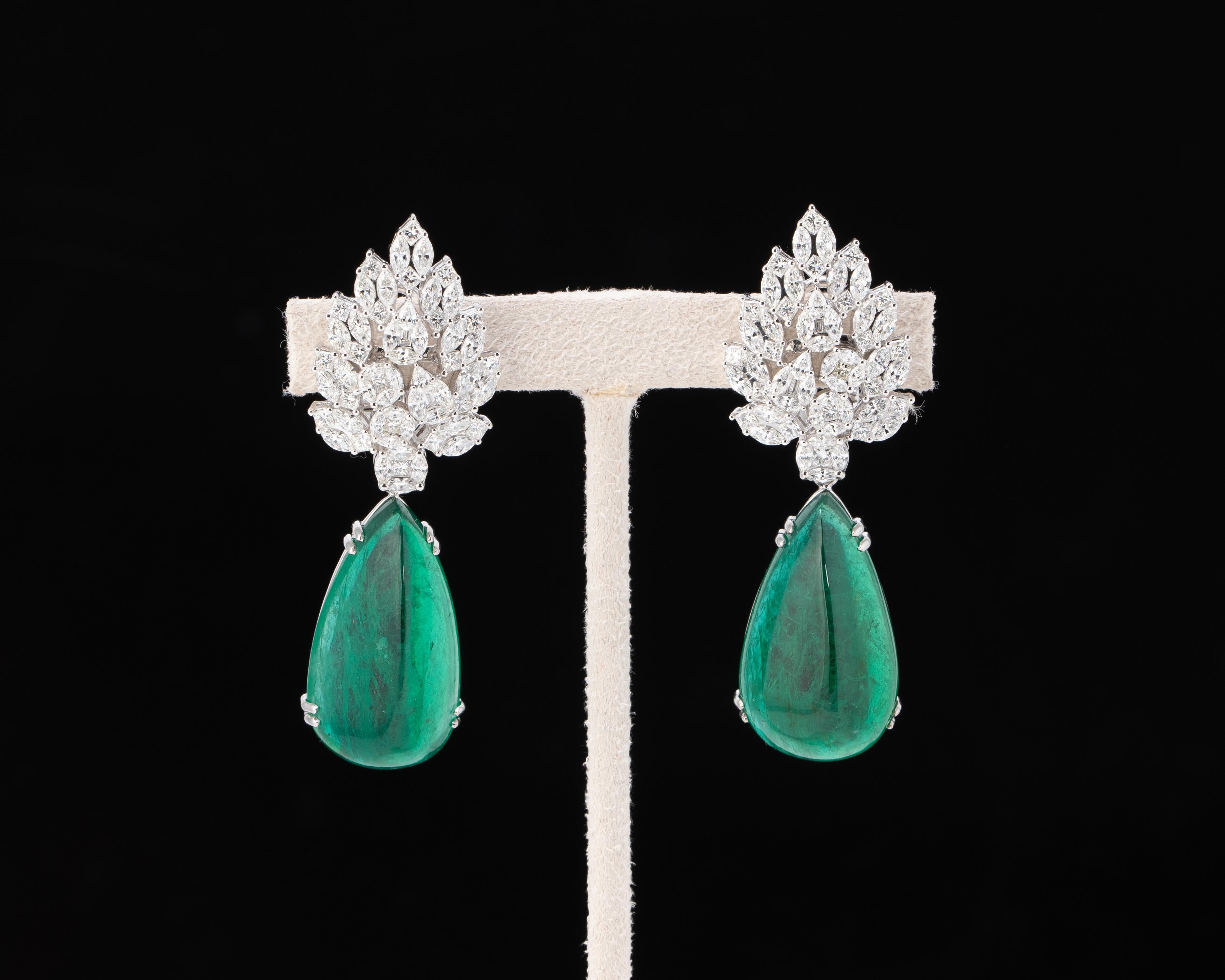 Pear Cut Certified 44.34 Carat Pear Shape Emerald and Diamond 18 Karat Gold Drop Earrings