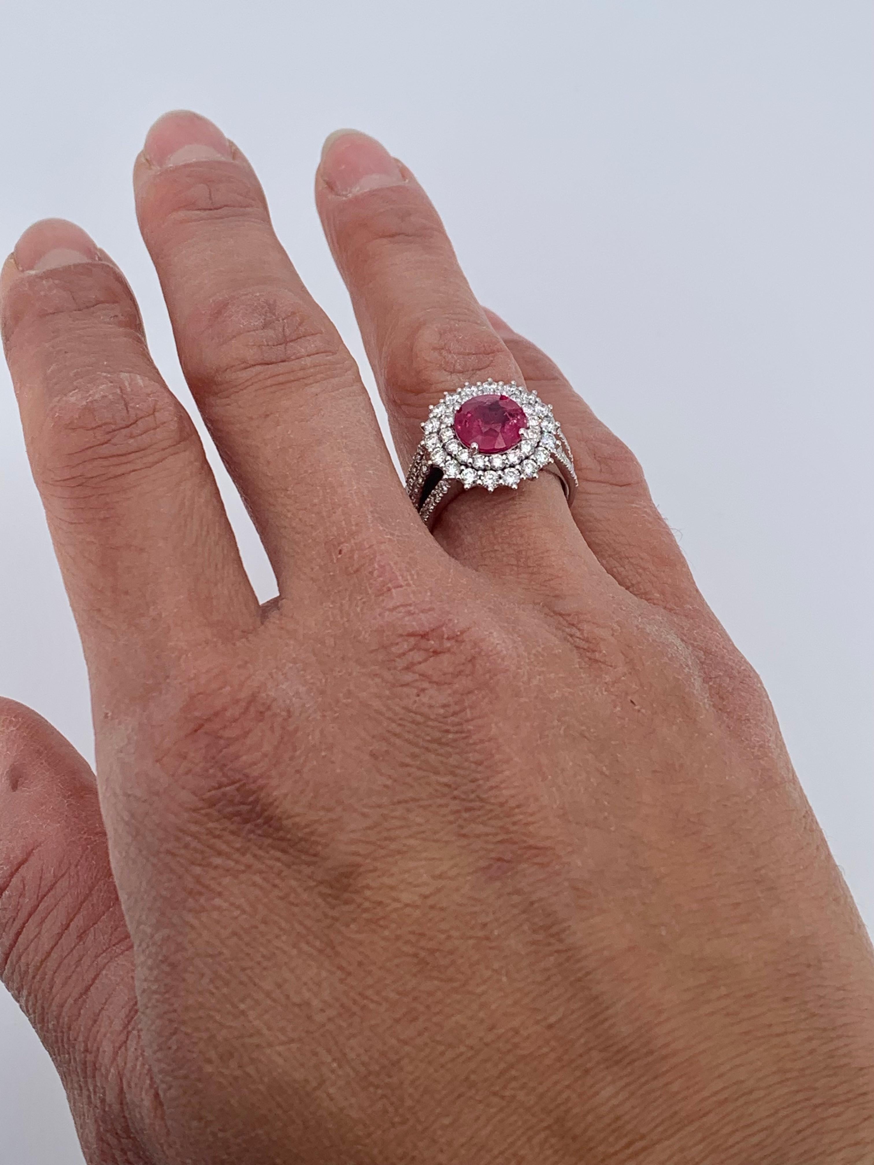 Round Cut Contemporary 4.45 Carat Ruby Halo Diamond Cocktail Ring For Sale