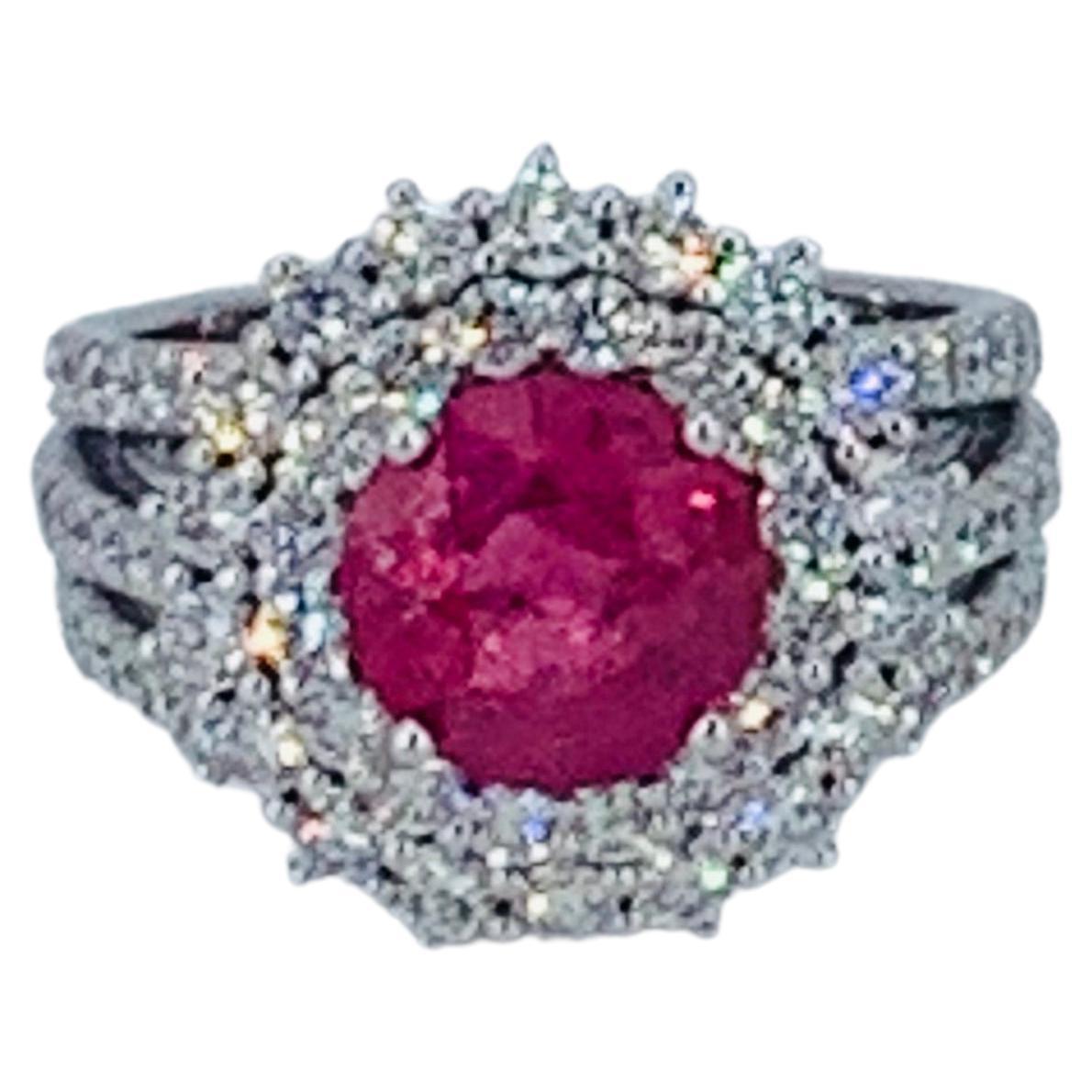 Contemporary 4.45 Carat Ruby Halo Diamond Cocktail Ring For Sale