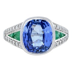 Certified 4.47 Ct. Ceylon Sapphire Emerald Diamond Ring in 18K White Gold