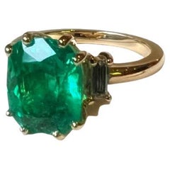 Certified 4.55 Carat Cushion Cut Colombian Emerald Ring