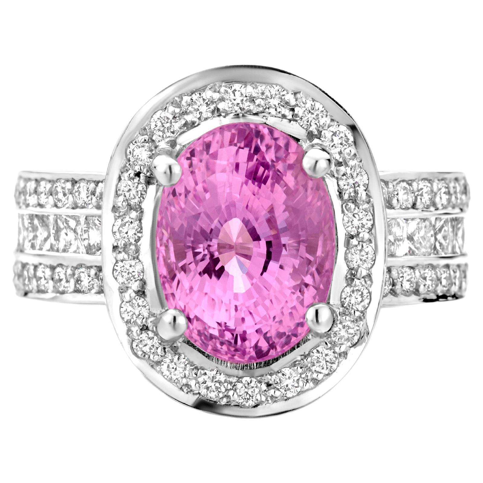 Certified 4.58 Carat Pink Sapphire & Diamond 1.34 Carat 18k Cocktail Ring For Sale