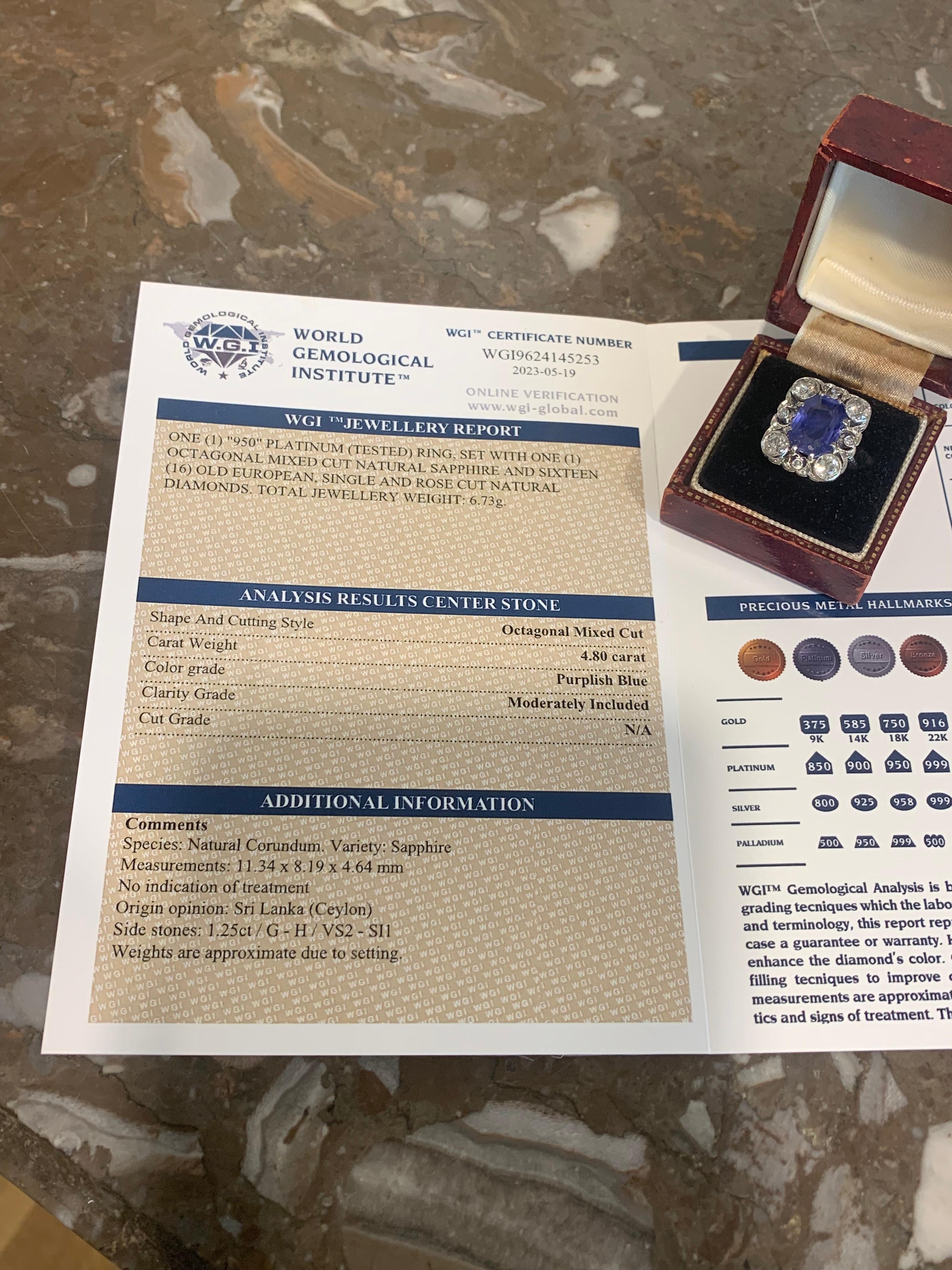 Women's Certified 4.66 Carats Unheated Ceylon Sapphire Diamonds Platinum Ring For Sale