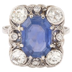 Antique Certified 4.66 Carats Unheated Ceylon Sapphire Diamonds Platinum Ring